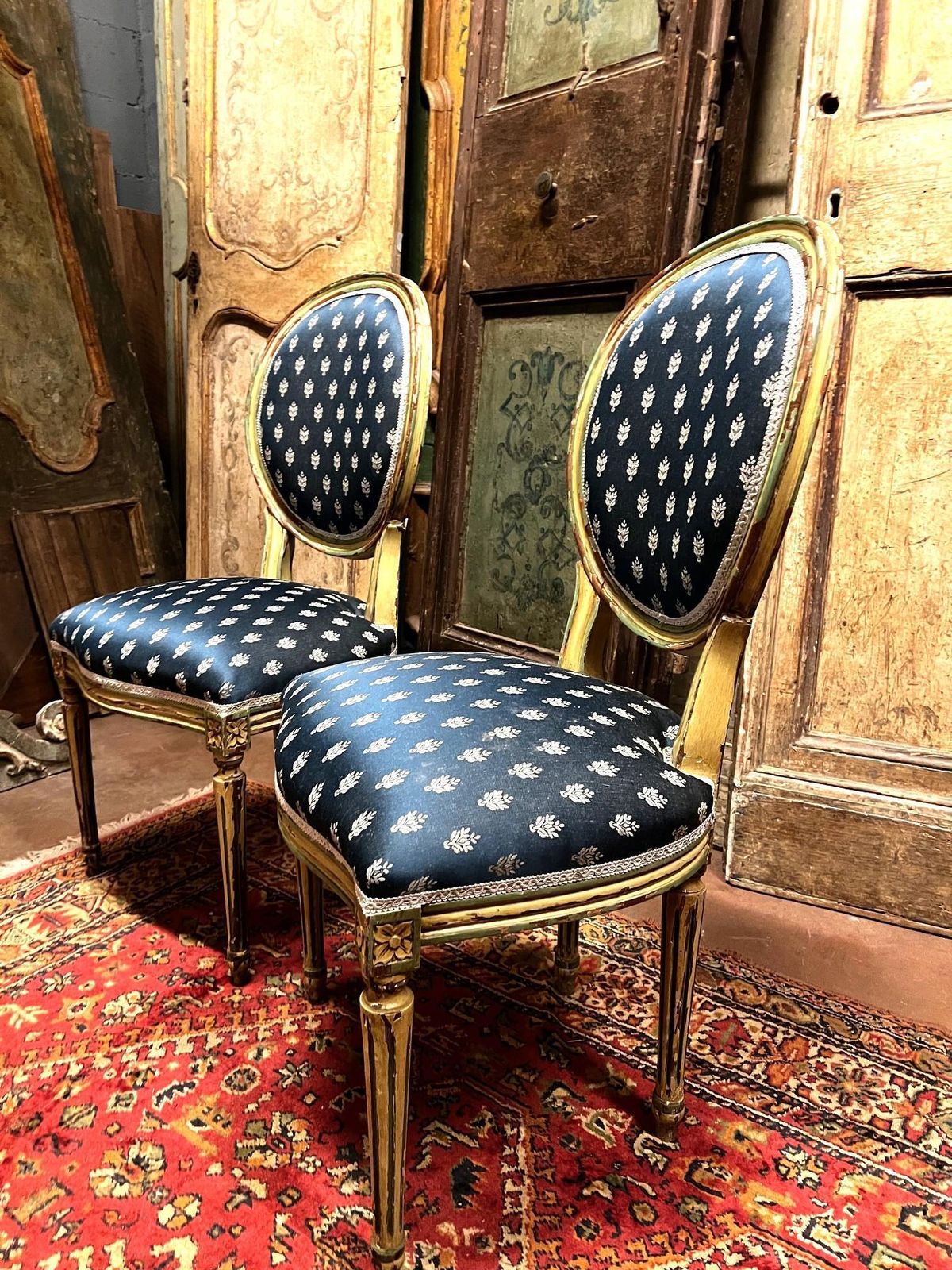 photo for sale No. 6 Louis XVI Style Chairs, White Lacquer With Blue Lily Fabric, Italy