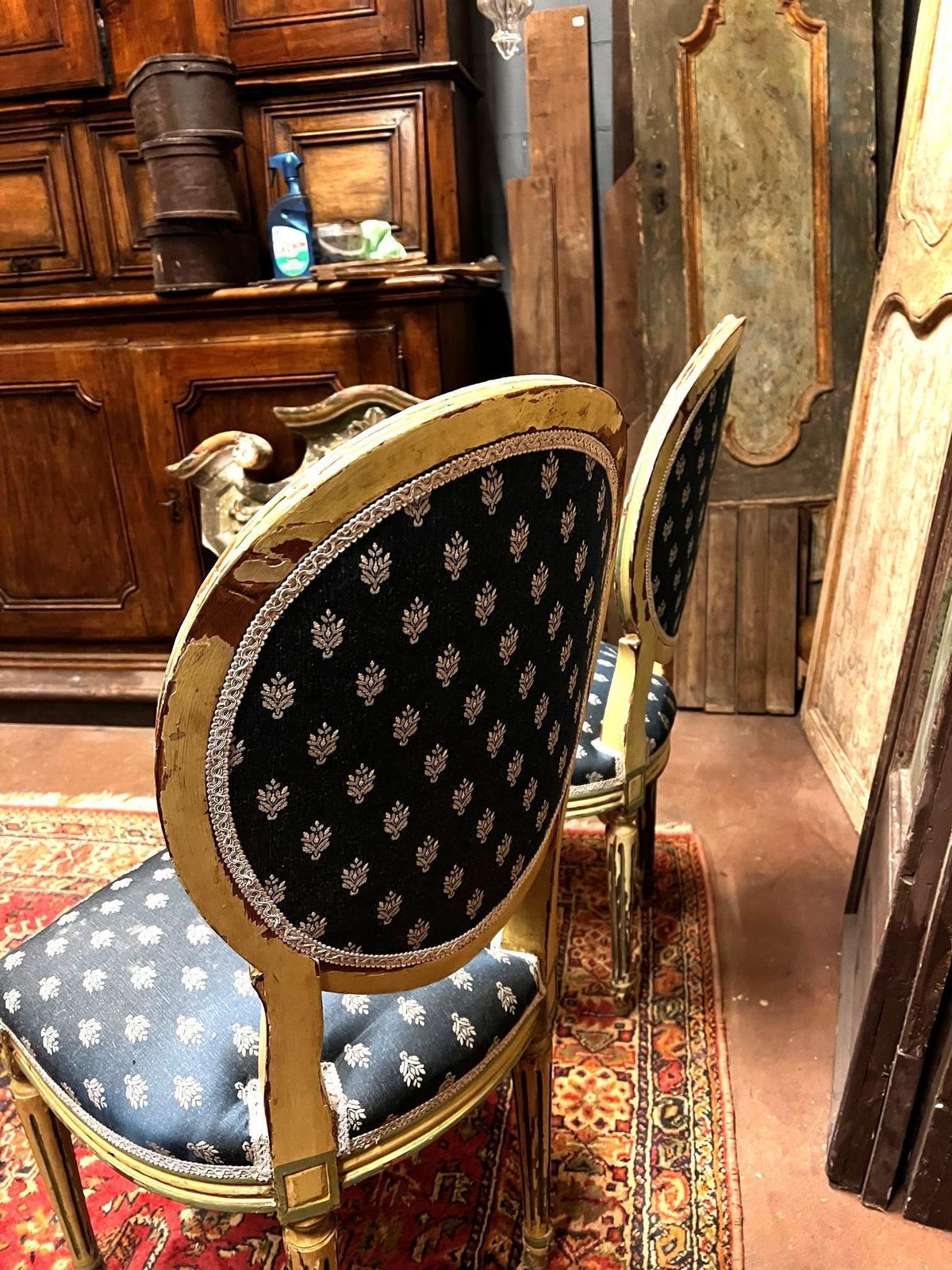 Furniture No. 6 Louis XVI Style Chairs, White Lacquer With Blue Lily Fabric, Italy photo