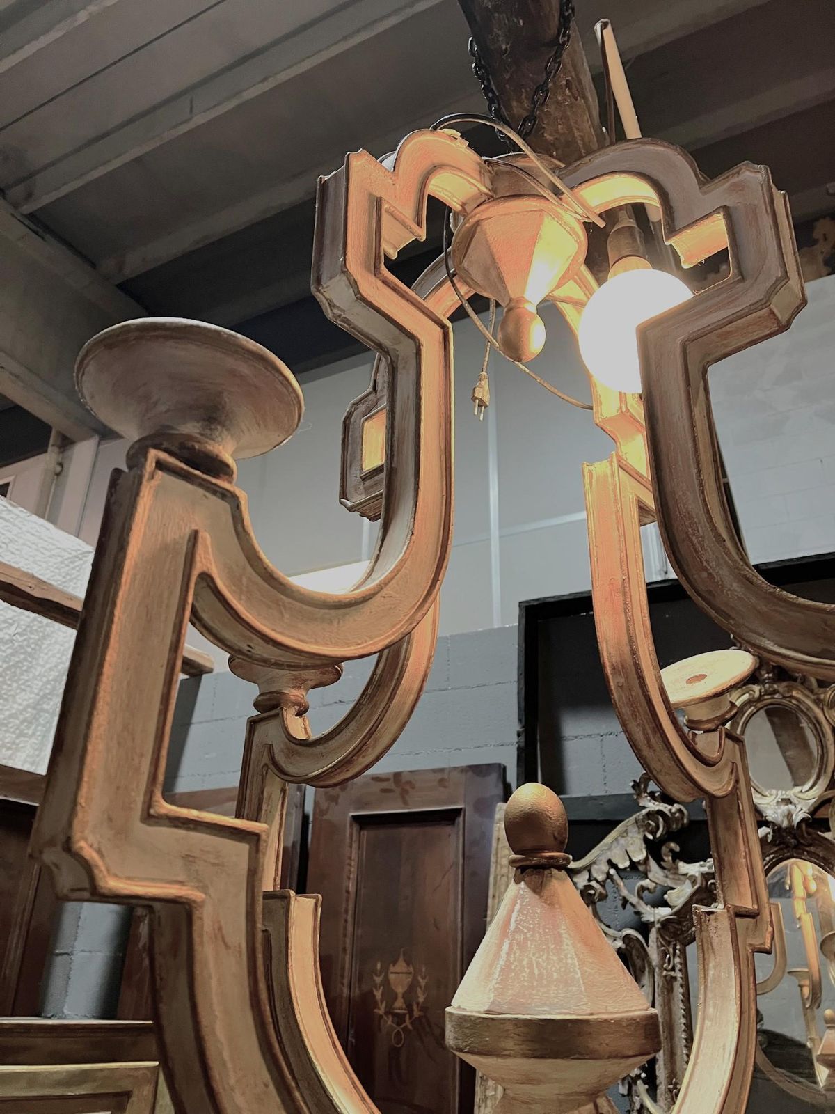 Carved And Gilded Wooden Pendant Chandelier, Italy photo vintage
