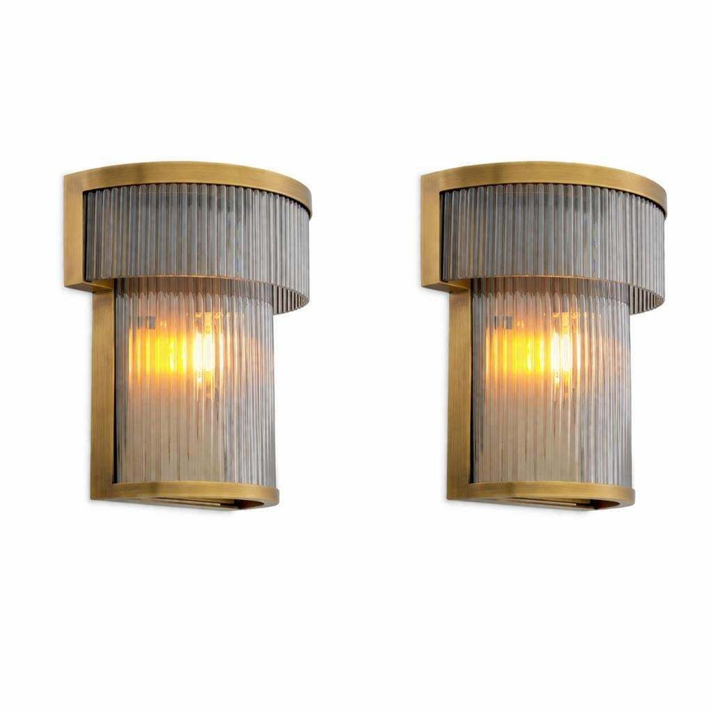 Pair Of Wall Lamps In Metal With Antique Brass Finish And Smoked Glass photo for sale