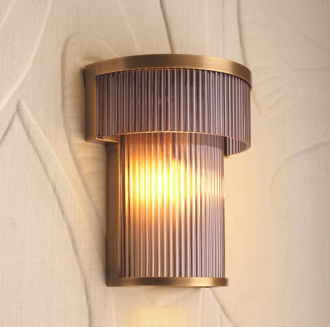 Pair Of Wall Lamps In Metal With Antique Brass Finish And Smoked Glass photo Lighting
