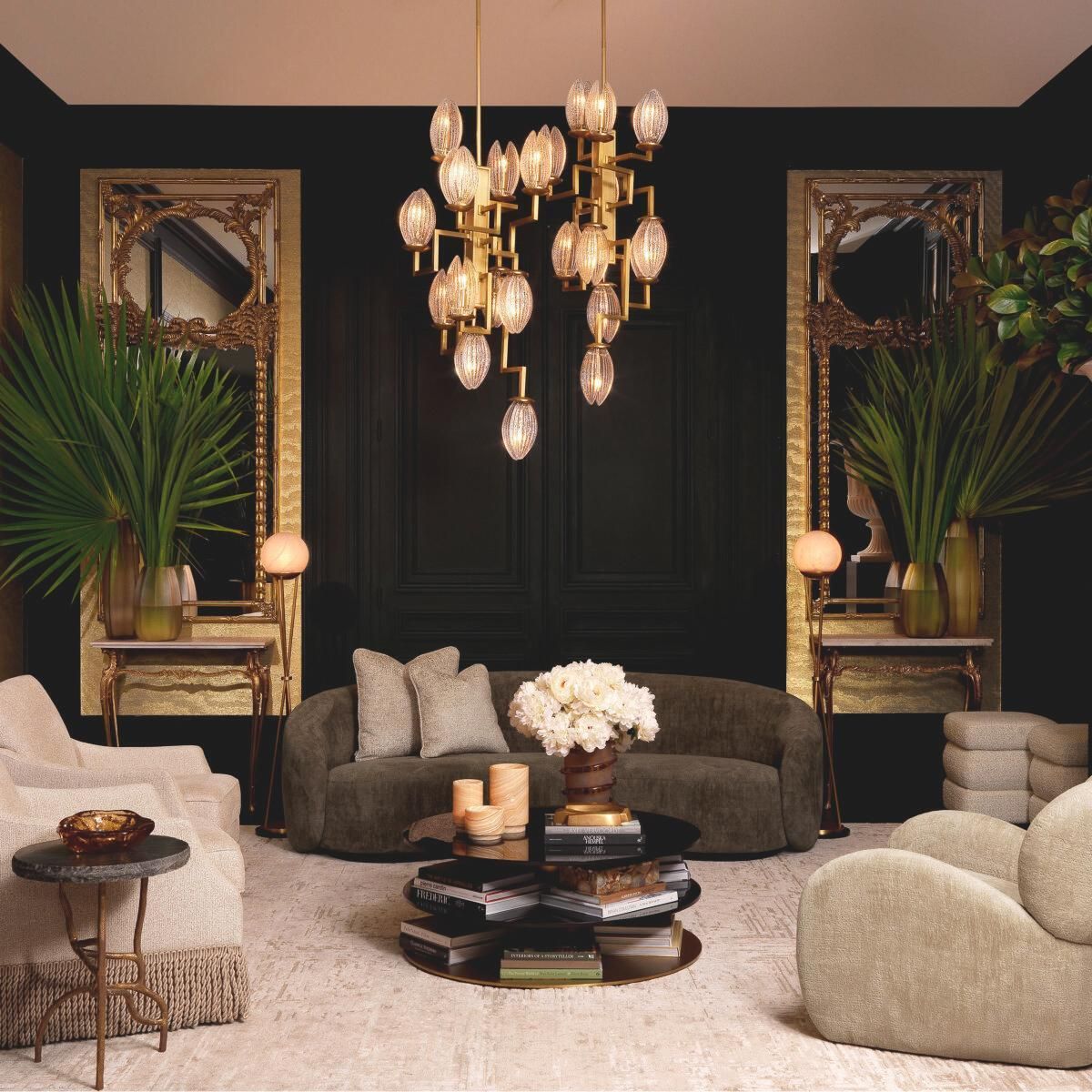 Antique Brass And Ribbed Glass Sculptural Chandelier photo Lighting