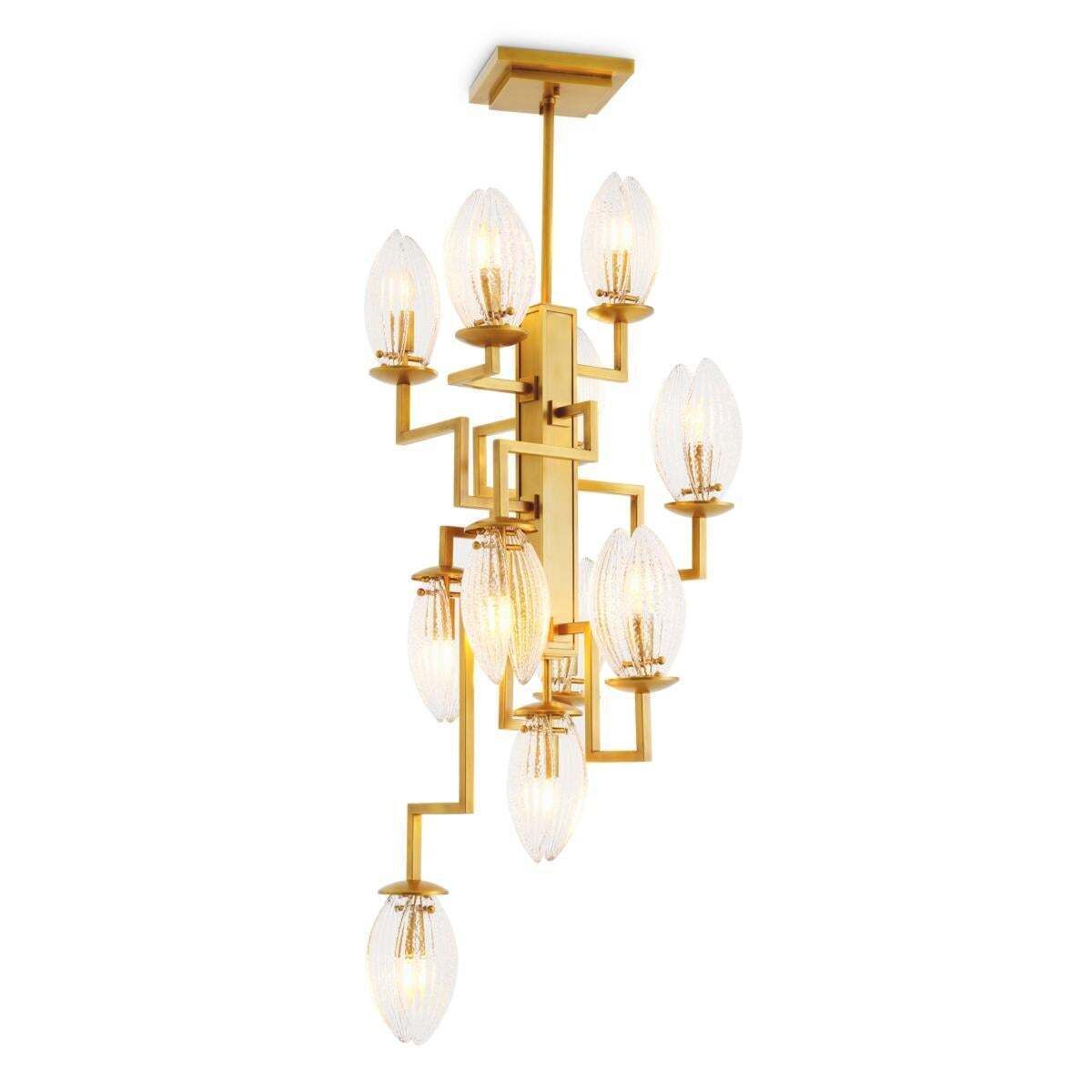 Antique Brass And Ribbed Glass Sculptural Chandelier photo vinterior