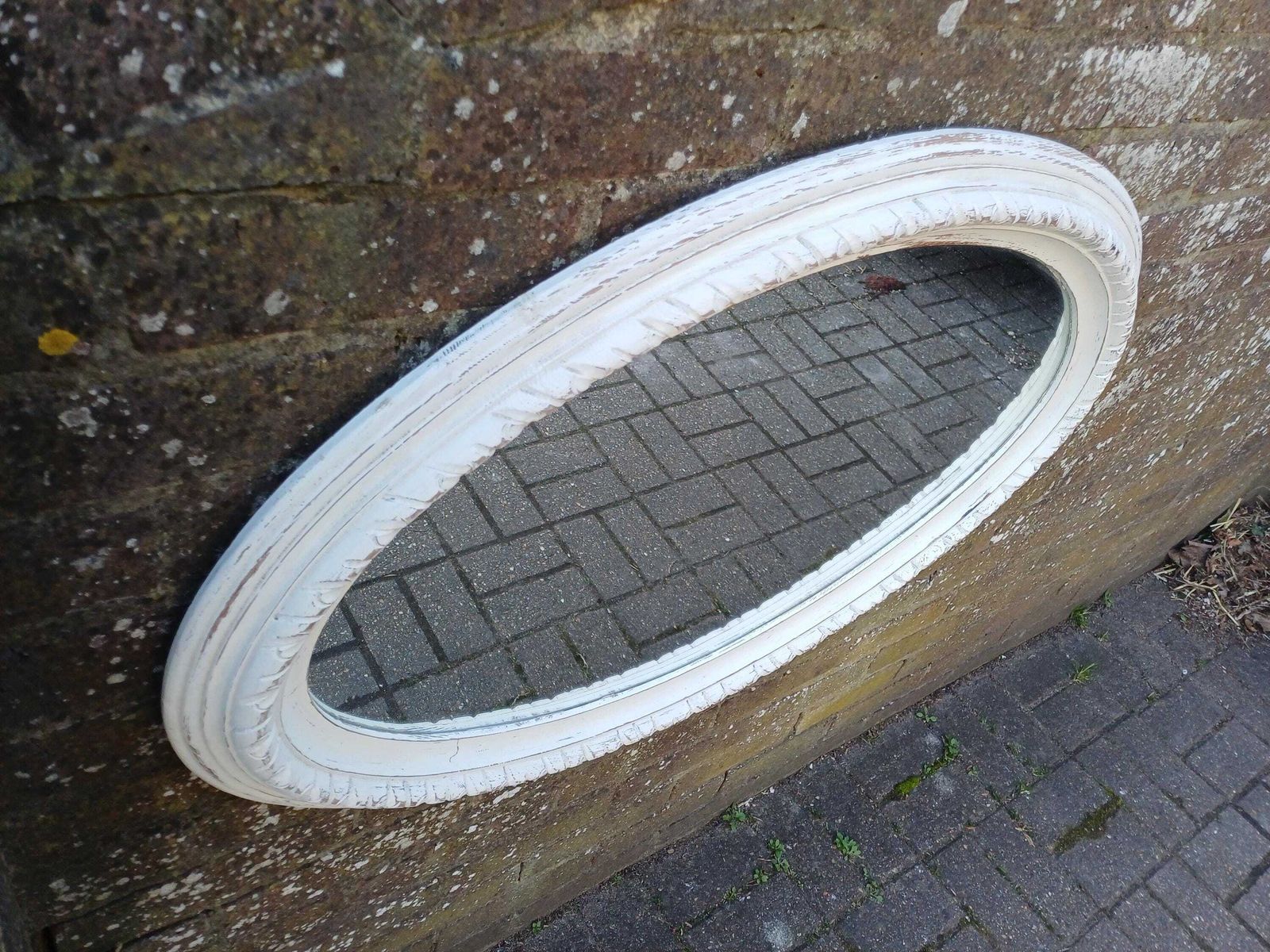 Home Decor Large Carved Hand Painted Pine Oval Wall Mirror In Farrow And Ball Wimborne White Distressed Finish Vintage Style photo