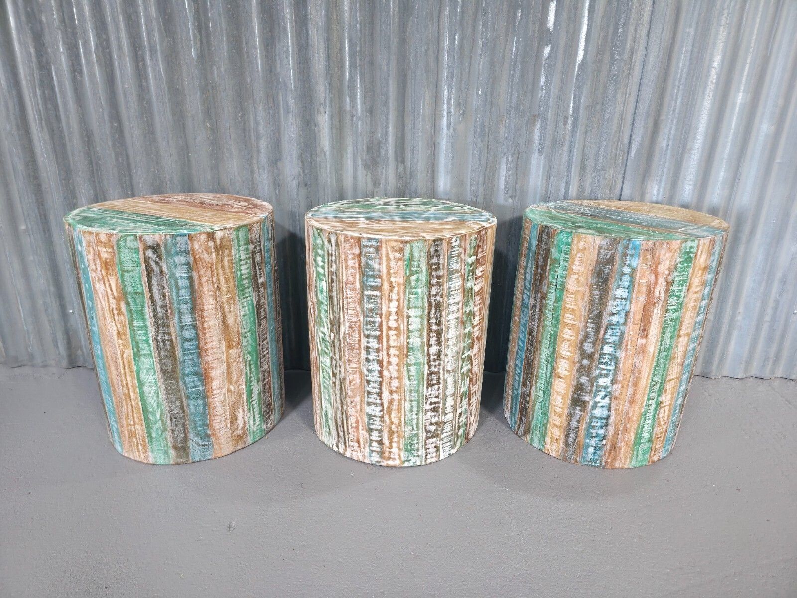 Vintage Reclaimed Round Wooden Side Bedside Barrel Table Plant Stand