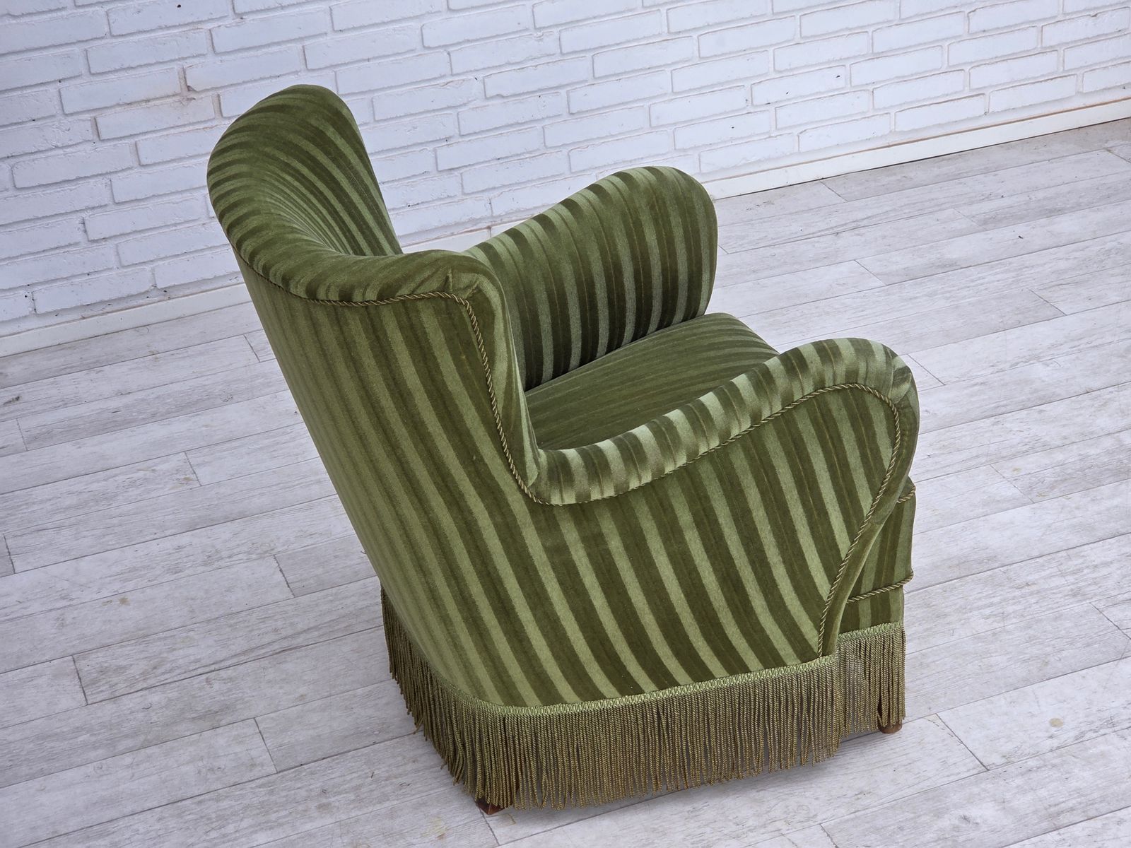 1960s, Danish Armchair, Original Green Furniture Velour. photo vintage