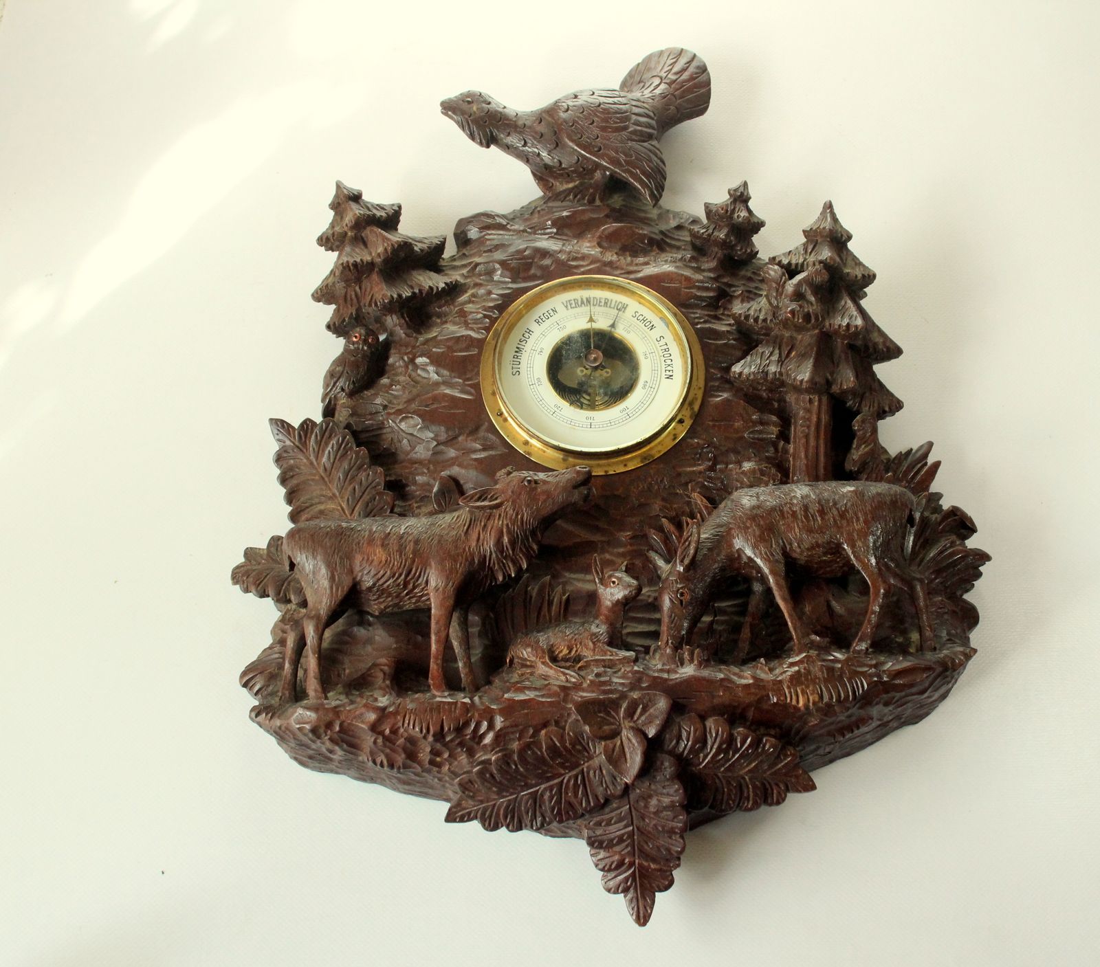 1930s   Antique Carving   Relief Like Handwork On Wood With Barometer   Wood, Metal, Glas   Wall Decoration