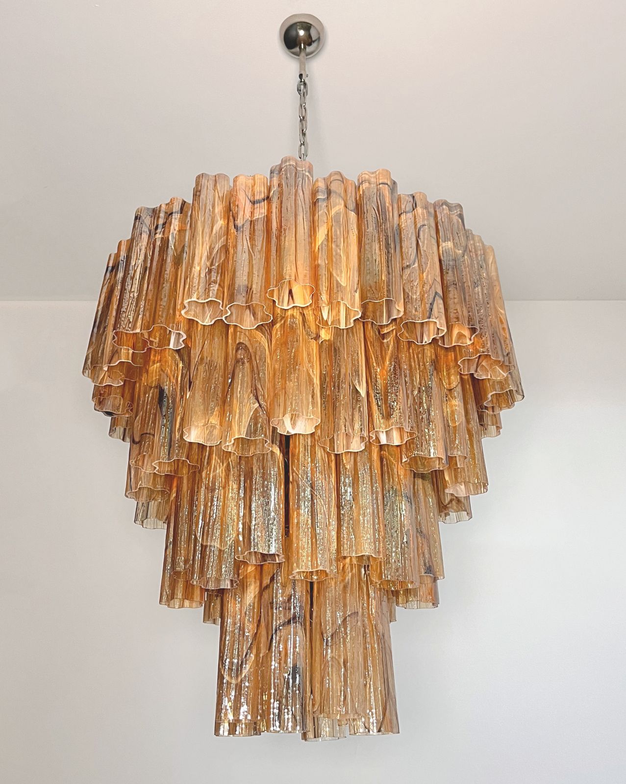 Huge Vintage Murano Glass Tiered Chandelier   80 Glasses    Amber Black Albaster