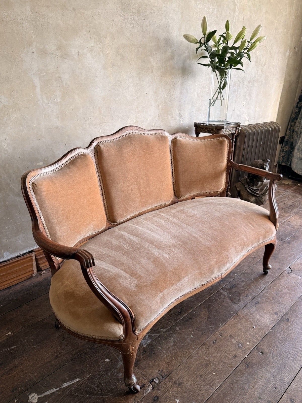 Antique Terricotta Velvet Inlaid Louis XV Continental Chaise Longue Sofa Daybed photo vintage