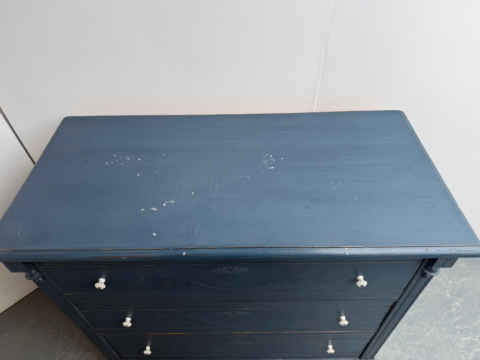 An Original Pine Victorian Painted Blue Carved 3 Drawer Chest Of Drawers photo vintage