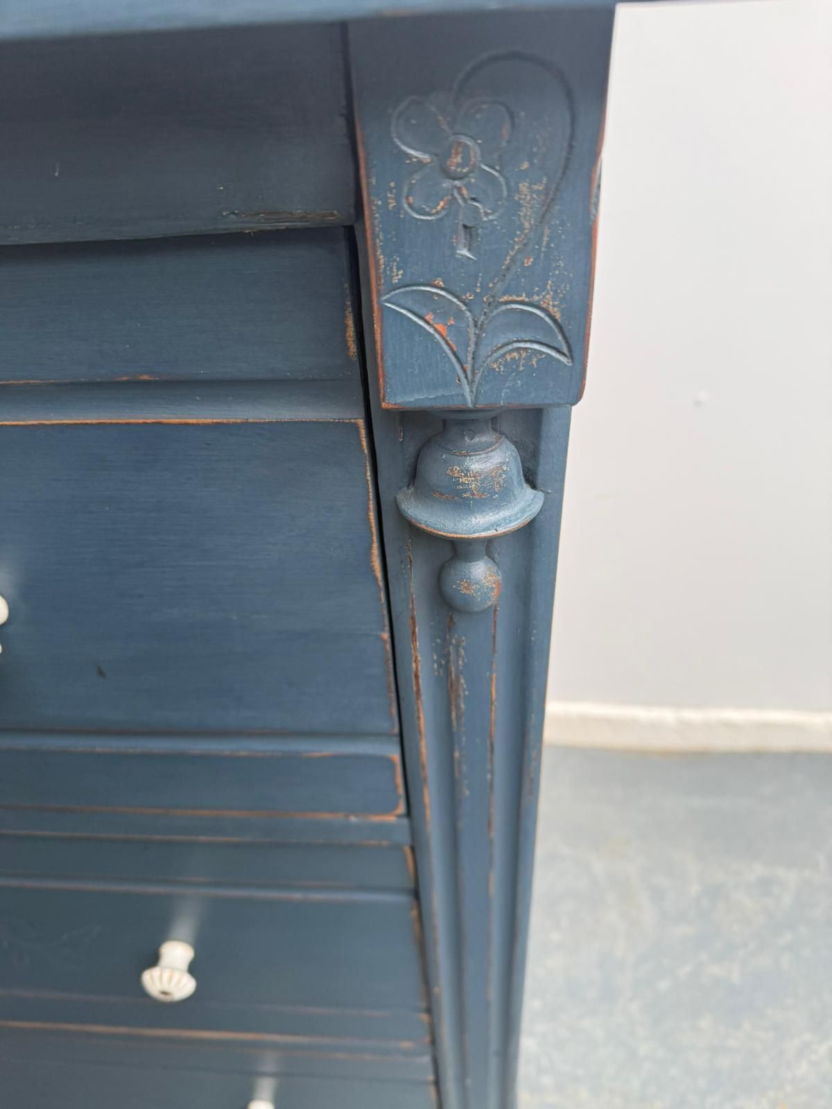 Furniture An Original Pine Victorian Painted Blue Carved 3 Drawer Chest Of Drawers photo