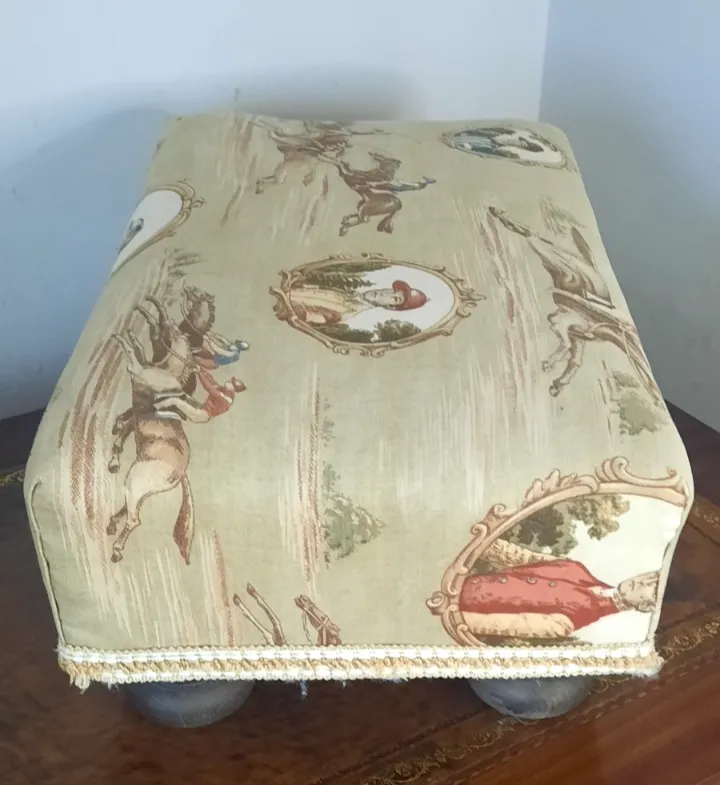 Vintage Antique Padded Footstool Covered With Victorian Horseracing Scenes. photo for sale