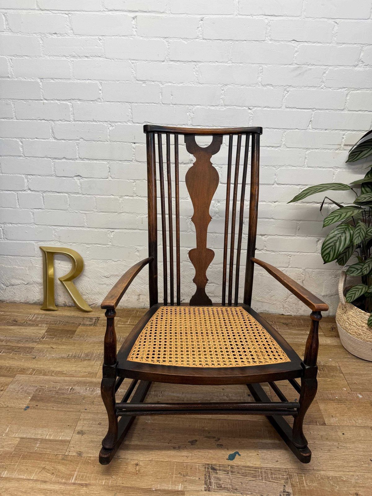 Antique Edwardian Rocking Chair, Cane Seat, Arts & Crafts Armchair, Vintage Spindle Back, Low Seat photo for sale