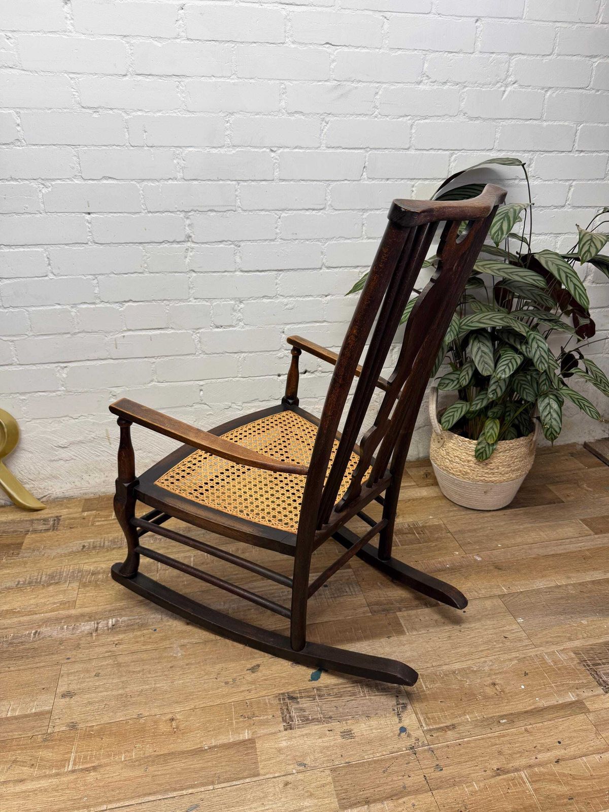 photo for sale Antique Edwardian Rocking Chair, Cane Seat, Arts & Crafts Armchair, Vintage Spindle Back, Low Seat