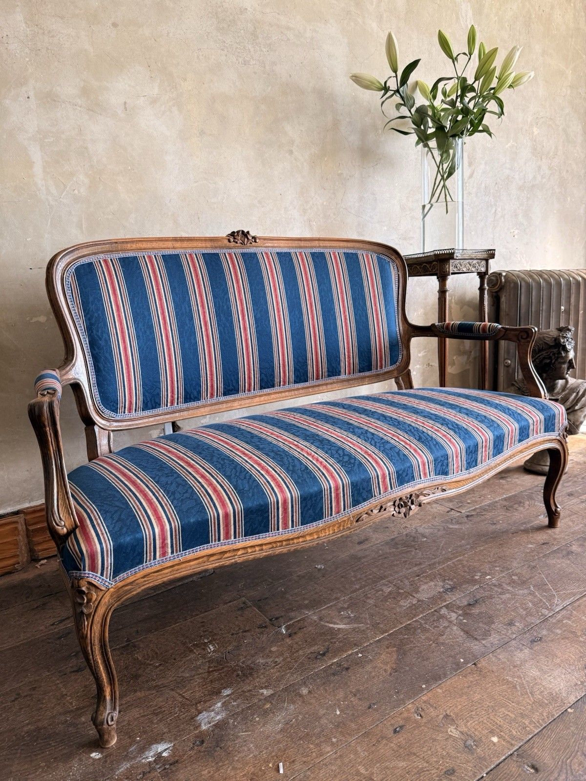 Antique Continental  Louis XV Deep Blue Red Stripe Chaise Longue Settee Sofa photo buy