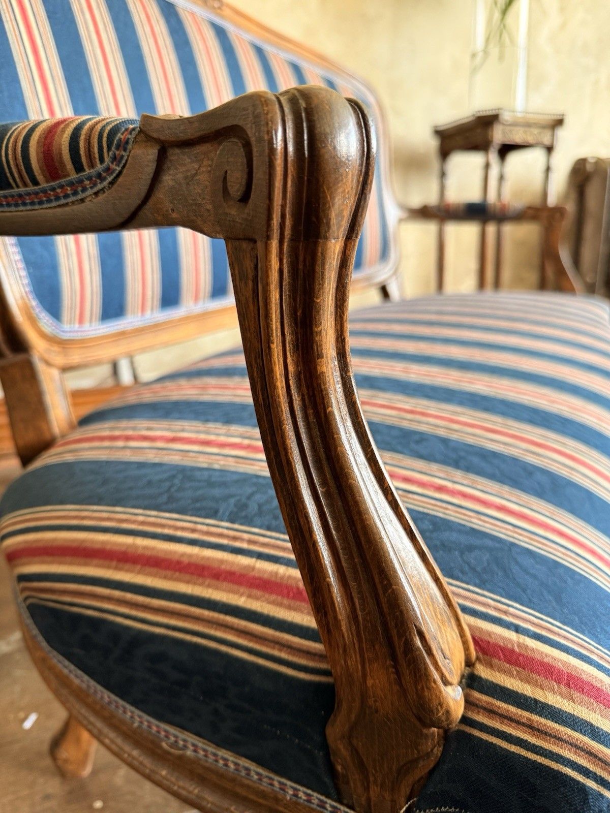 photo for sale Antique Continental  Louis XV Deep Blue Red Stripe Chaise Longue Settee Sofa