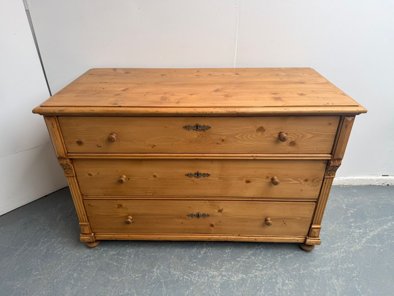 A Low Wide Pine Hungarian Victorian Waxed 3 Drawer Chest Of Drawers photo for sale