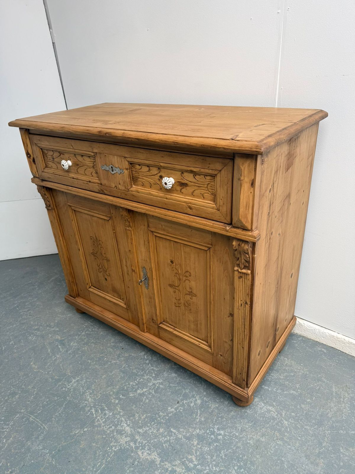 A Pretty Pine Victorian Waxed Carved Kitchen Dresser Base