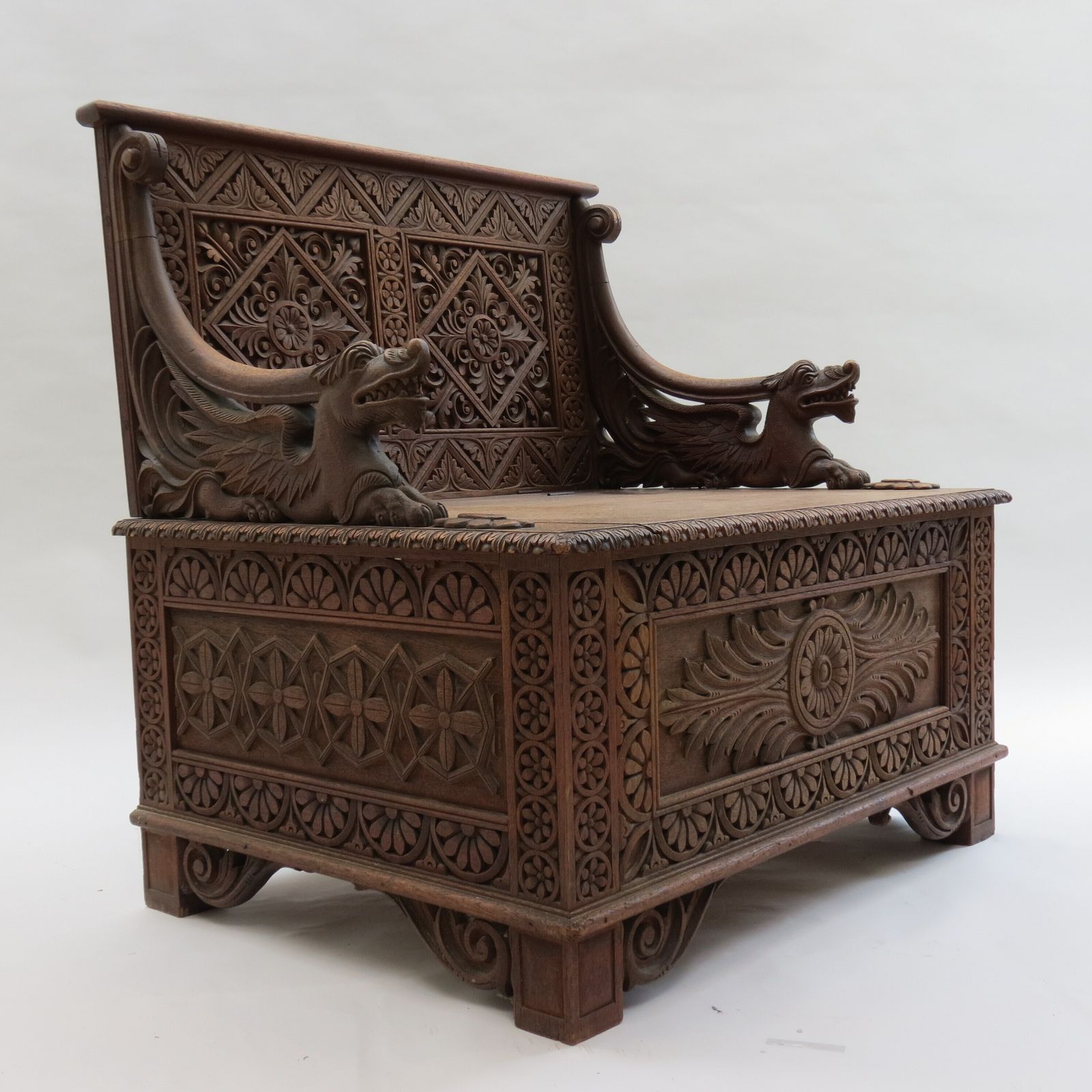 Burmese Anglo Indian Gothic Revival Carved Hall Seat Chair 1880