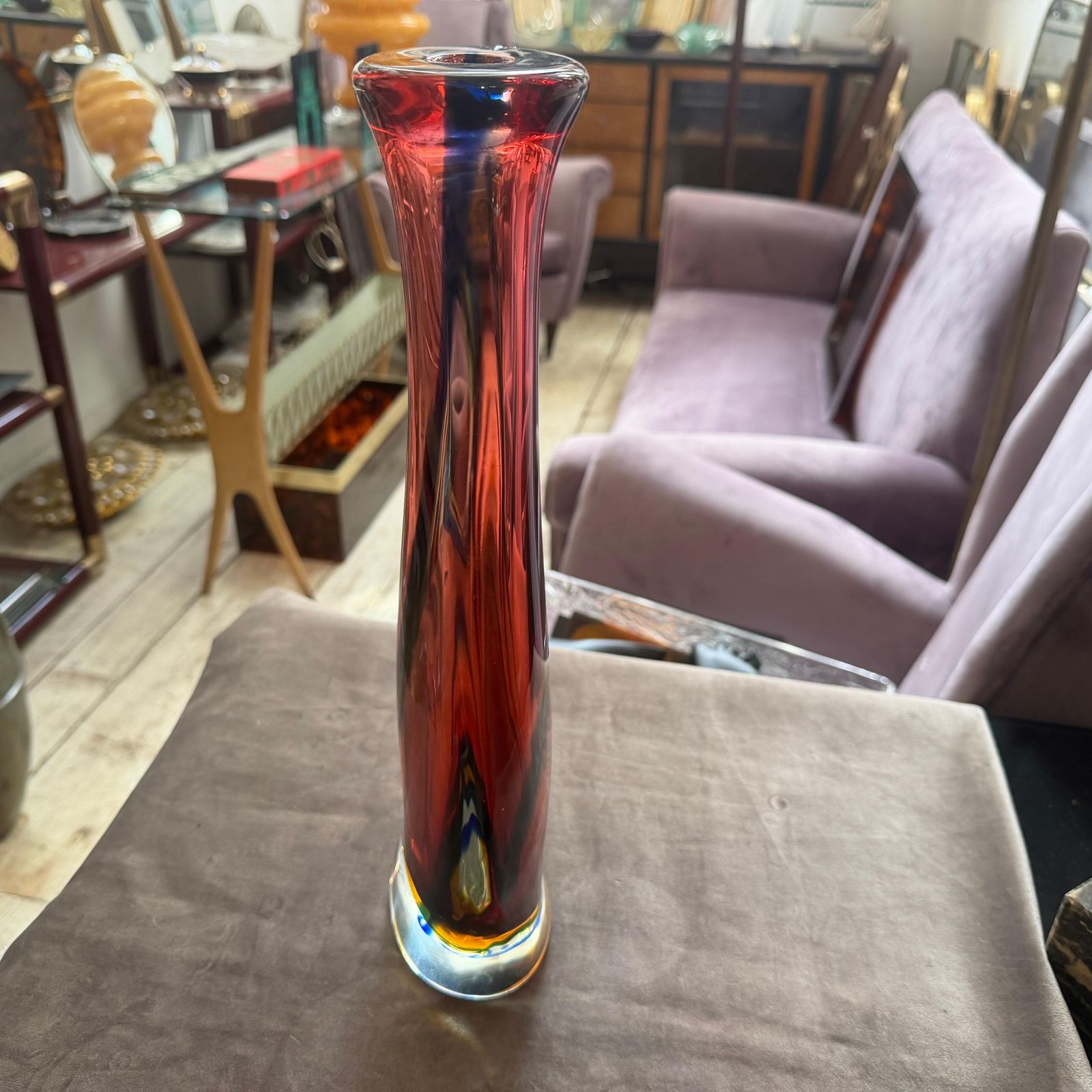 1980s Flavio Poli Modern Pink Blue And Yellow Sommerso Murano Glass Tall Vase photo Home Decor