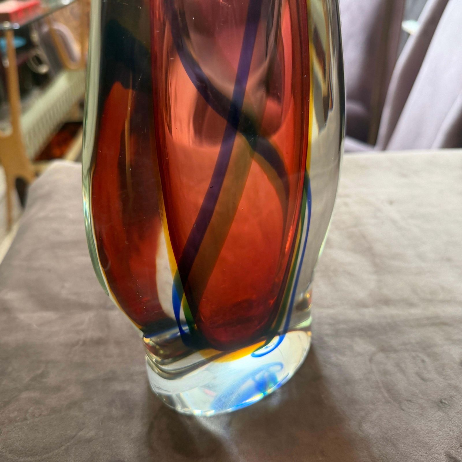 photo for sale 1980s Flavio Poli Modern Pink Blue And Yellow Sommerso Murano Glass Tall Vase