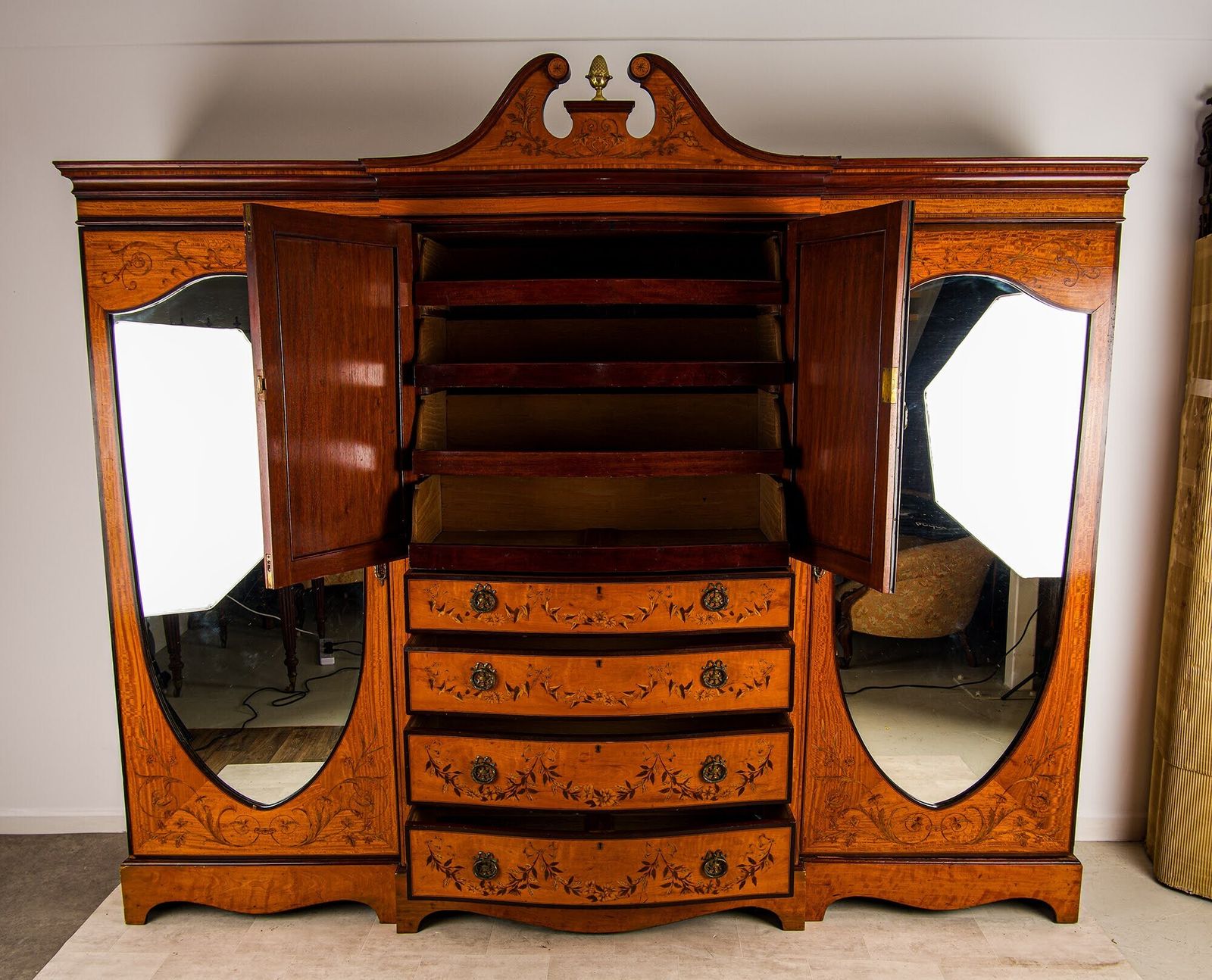 Antique Satinwood Inlaid Wardrobe / Compactum With Mirrored Doors & Drawers, Maple & Co Depository Label photo for sale