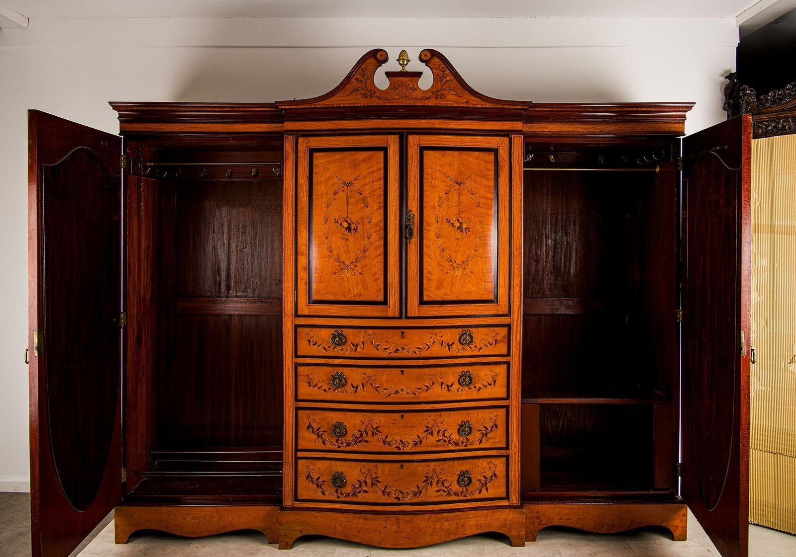 Antique Satinwood Inlaid Wardrobe / Compactum With Mirrored Doors & Drawers, Maple & Co Depository Label photo Furniture