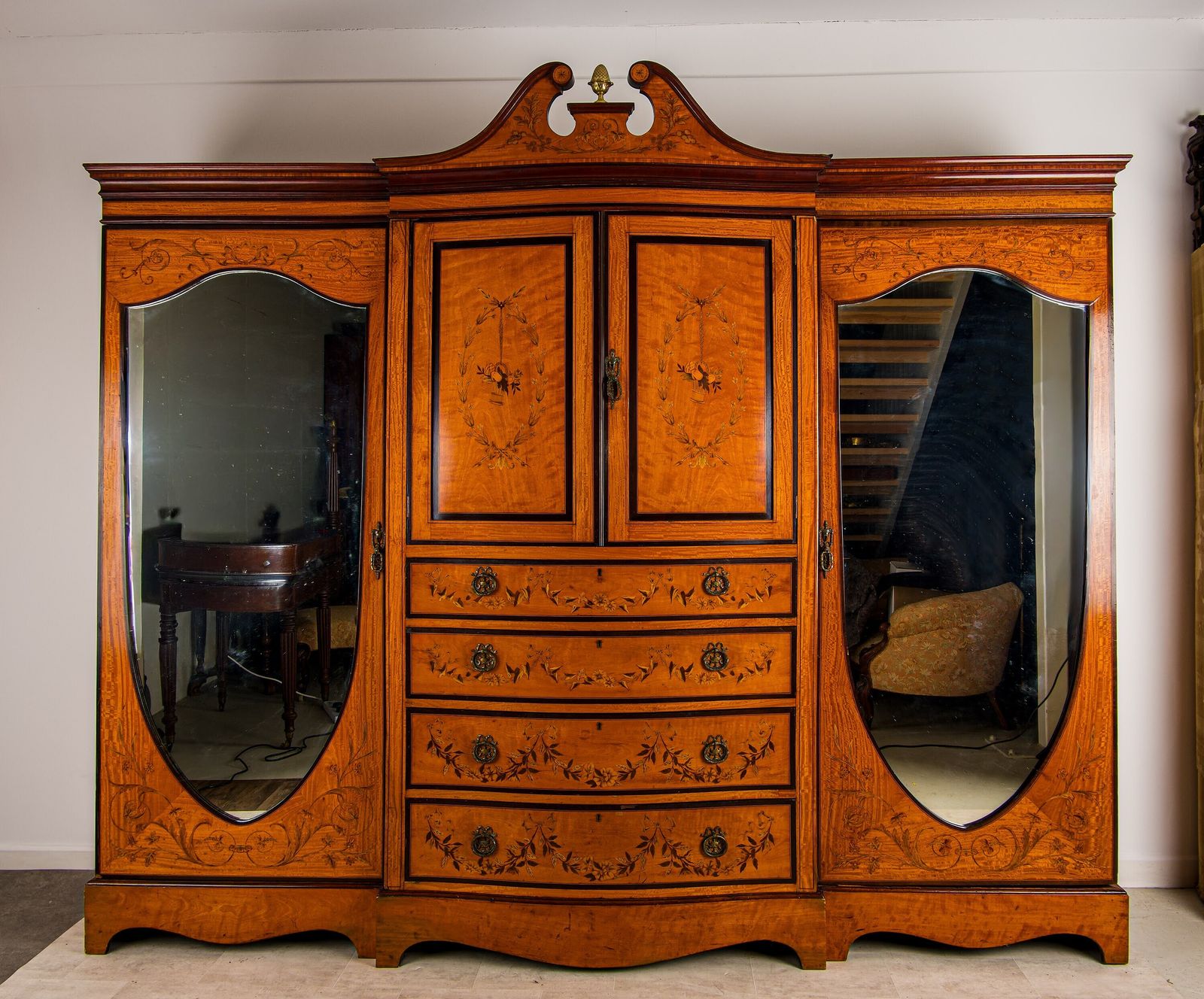 Antique Satinwood Inlaid Wardrobe / Compactum With Mirrored Doors & Drawers, Maple & Co Depository Label photo 3450.0