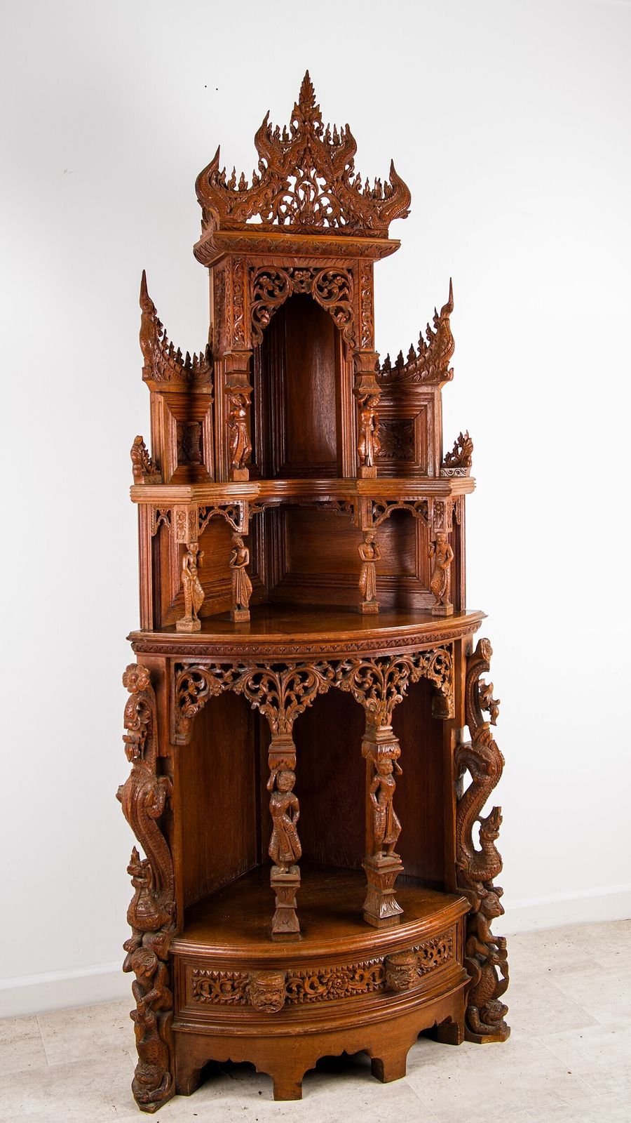 Antique Anglo Indian Hand Carved Corner Cabinet With Figural Carvings & Temple Pediment photo for sale
