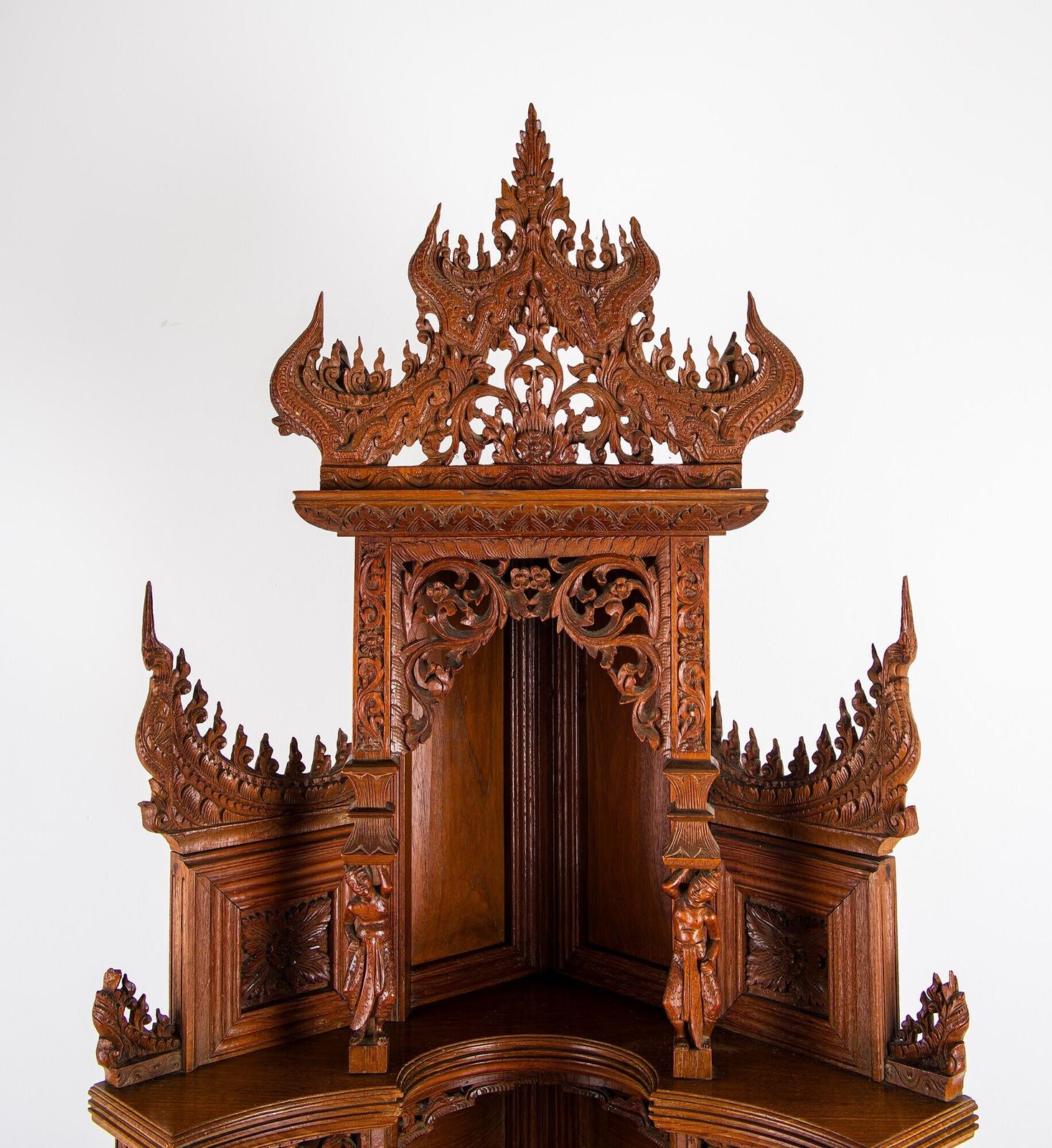 Antique Anglo Indian Hand Carved Corner Cabinet With Figural Carvings & Temple Pediment photo Furniture