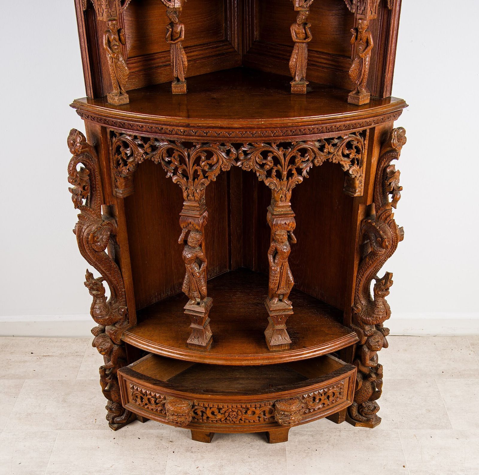 Antique Anglo Indian Hand Carved Corner Cabinet With Figural Carvings & Temple Pediment photo vinterior