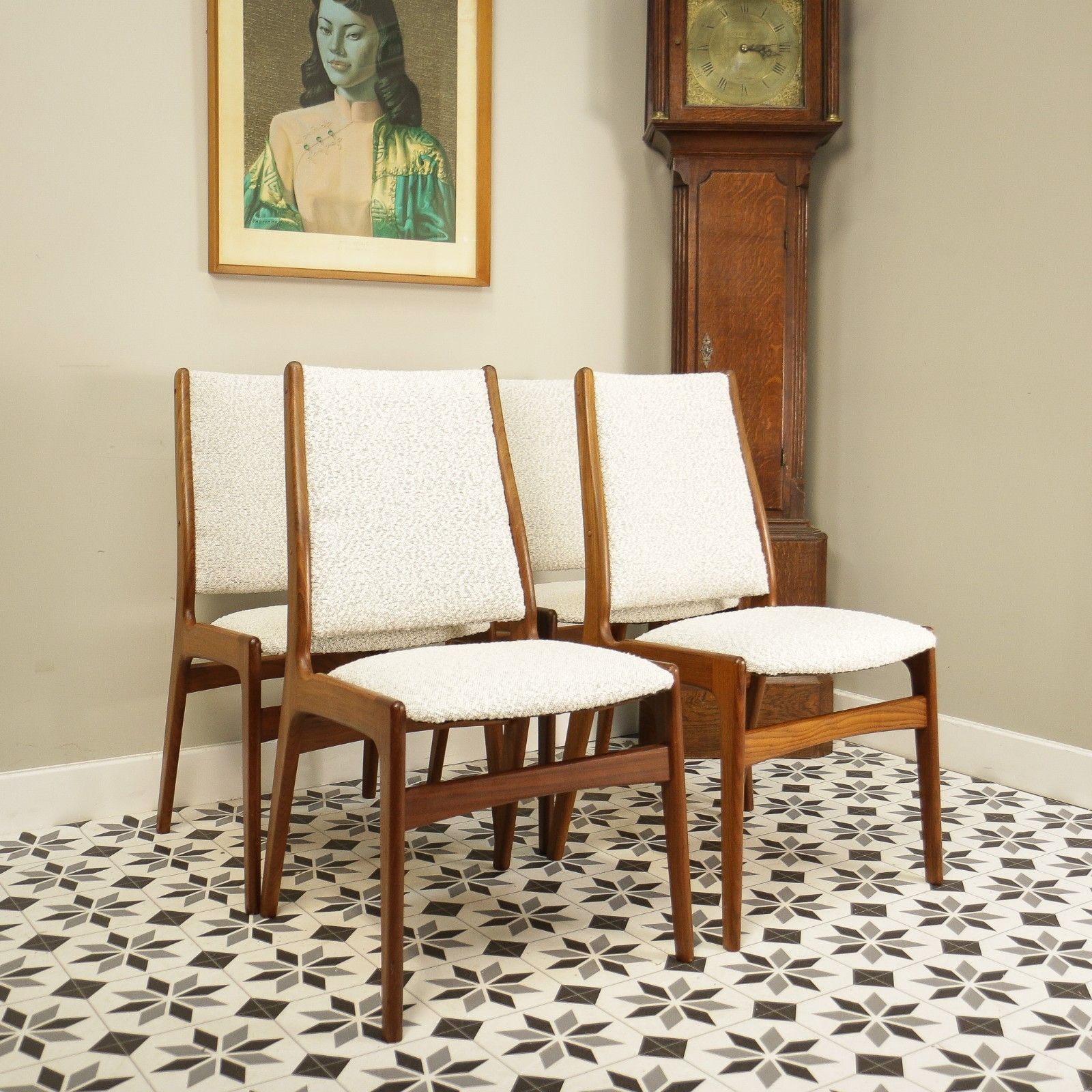 photo vinterior Teak Danish Style Dining Chairs In A Cotswold Cream Boucle Fabric Attr Erik Buch