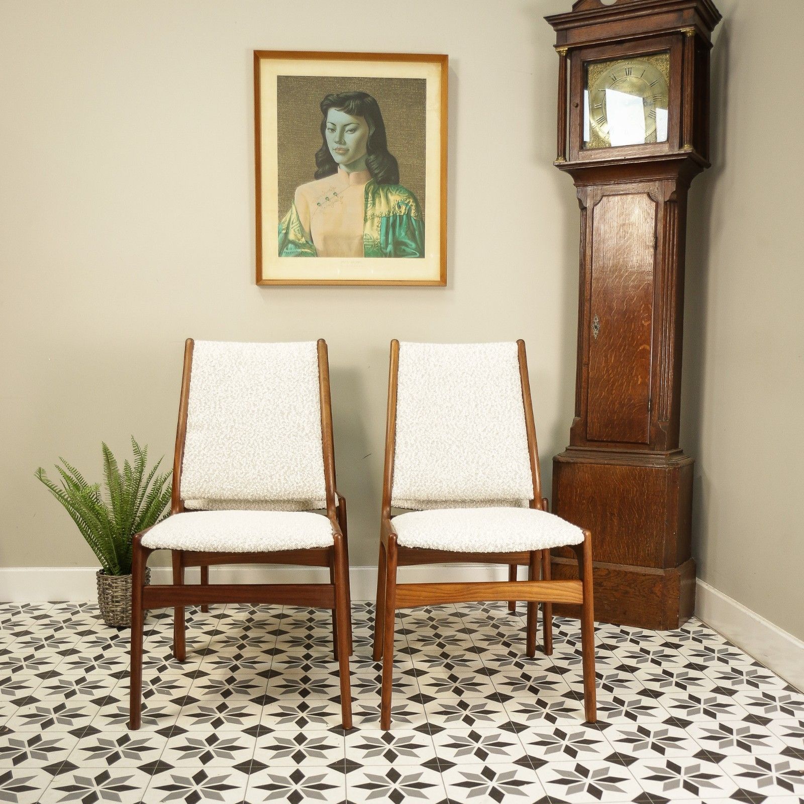 photo buy Teak Danish Style Dining Chairs In A Cotswold Cream Boucle Fabric Attr Erik Buch