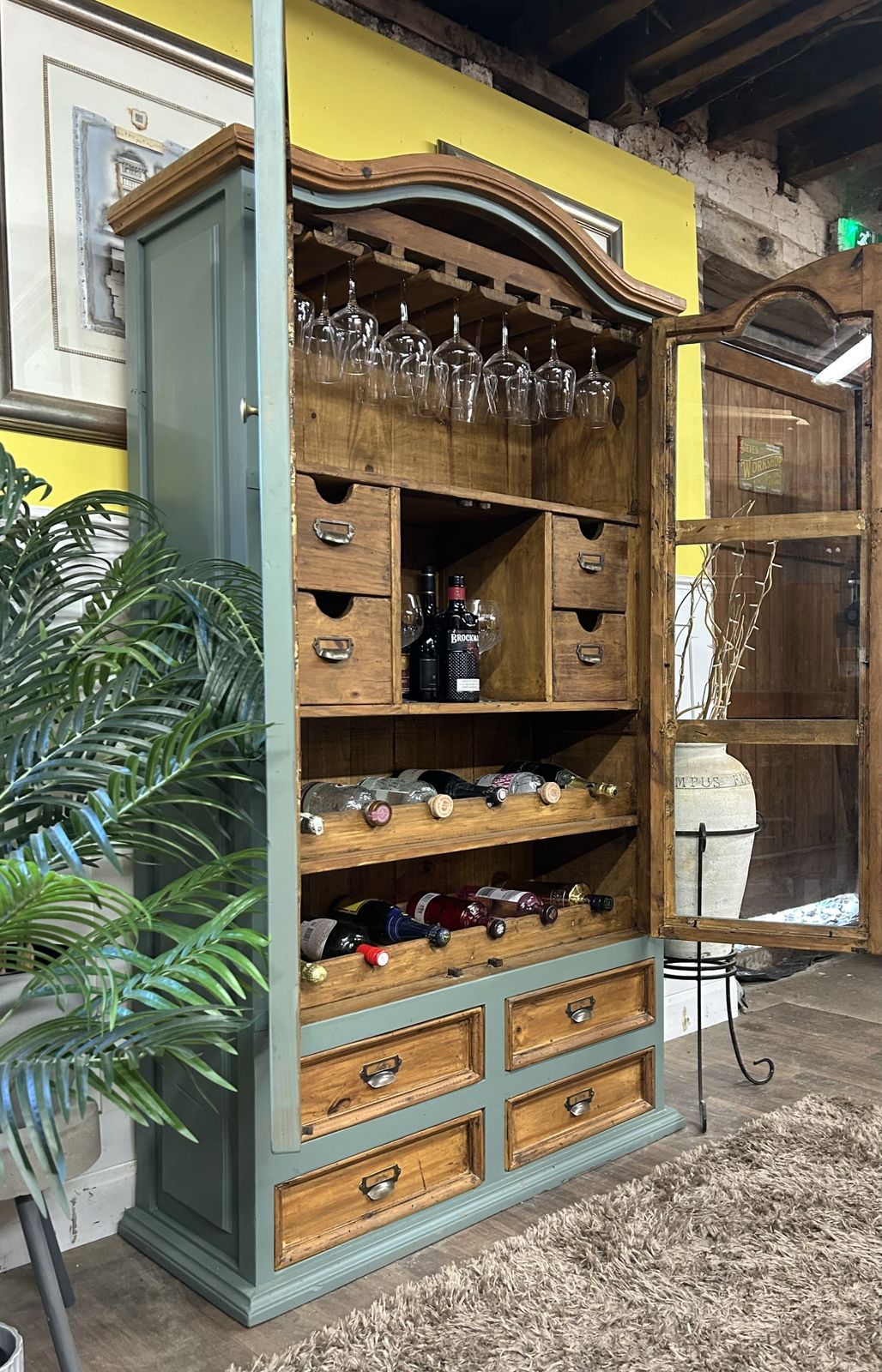 Rustic Glazed Drinks Cabinet/ Butler’s Pantry With  Wine Bins, Rack And Drawers. photo for sale