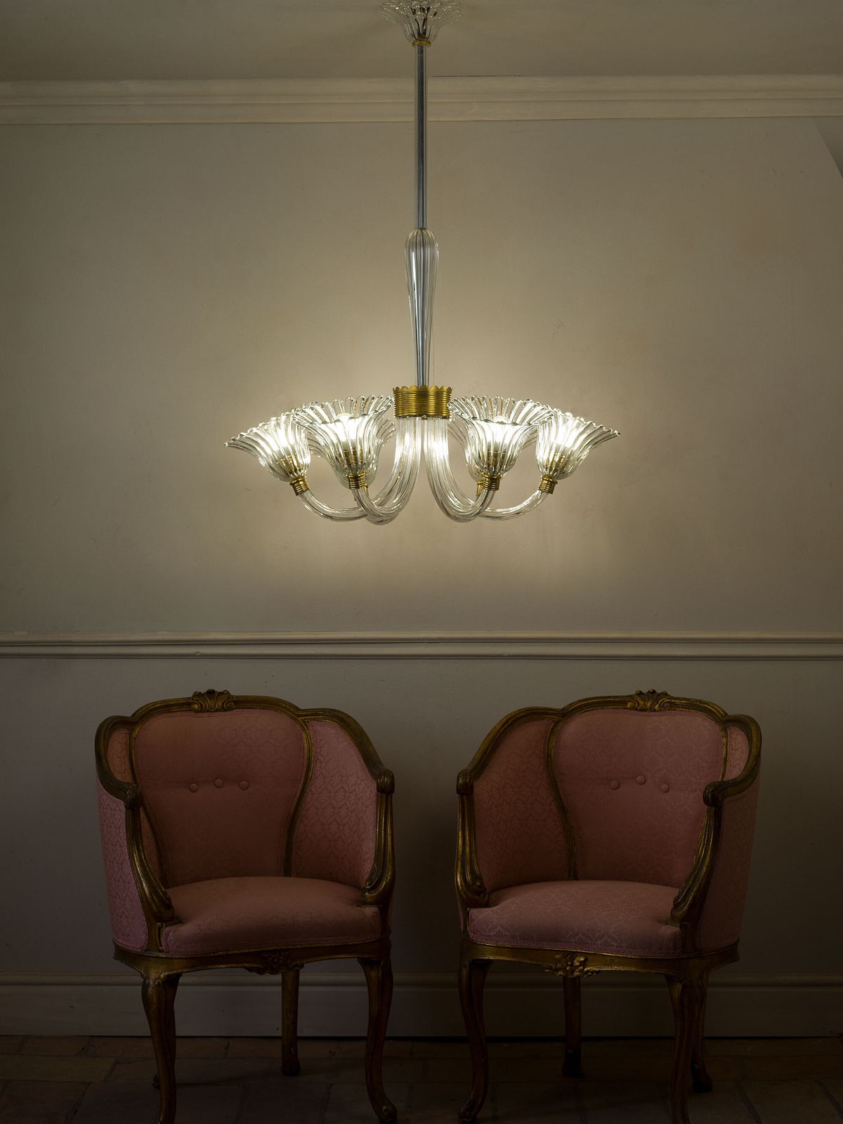 2730.0 Vintage Murano Glass Chandelier, Italy 1940s, 6 Lights, Blown Glass Floral Design photo