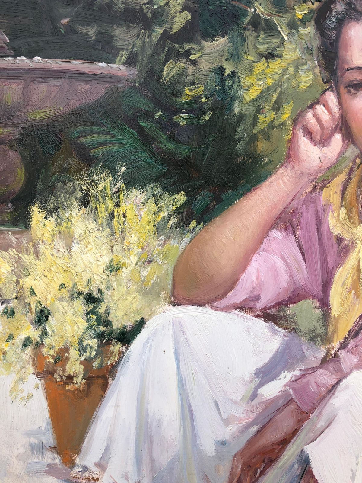 Juan Soler  Woman In Mediterranean Garden Spanish Figurative Impressionist Oil Painting Female Portrait 1980s photo vinterior