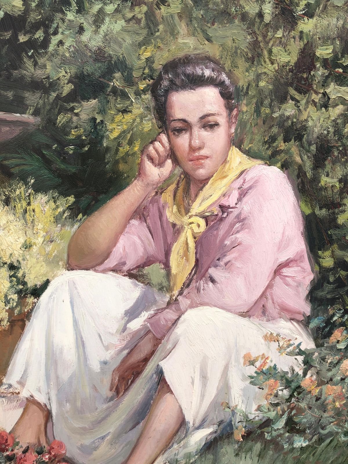 Juan Soler  Woman In Mediterranean Garden Spanish Figurative Impressionist Oil Painting Female Portrait 1980s photo buy