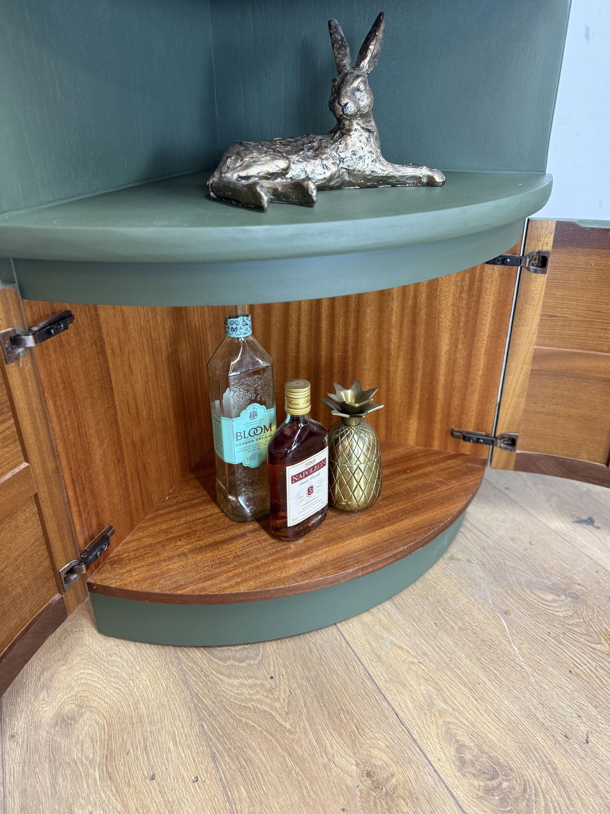 Refinished Mid Century Nathan Corner Cabinet In Deep Olive With Neutral Floral Design photo buy
