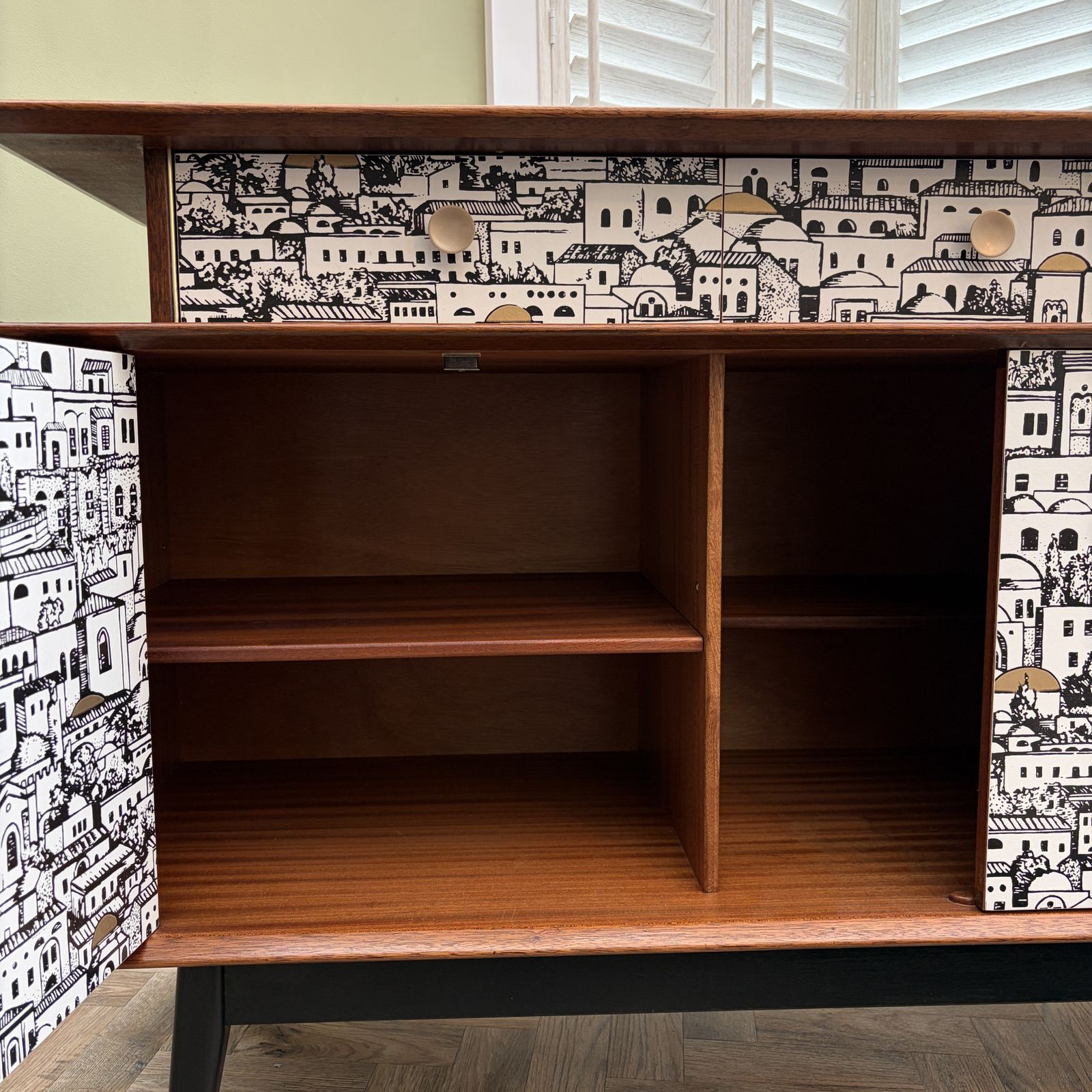 photo furniture G Plan 'Floating Drawer' Sideboard With Fornasetti Fascia. Restored. Beautiful.