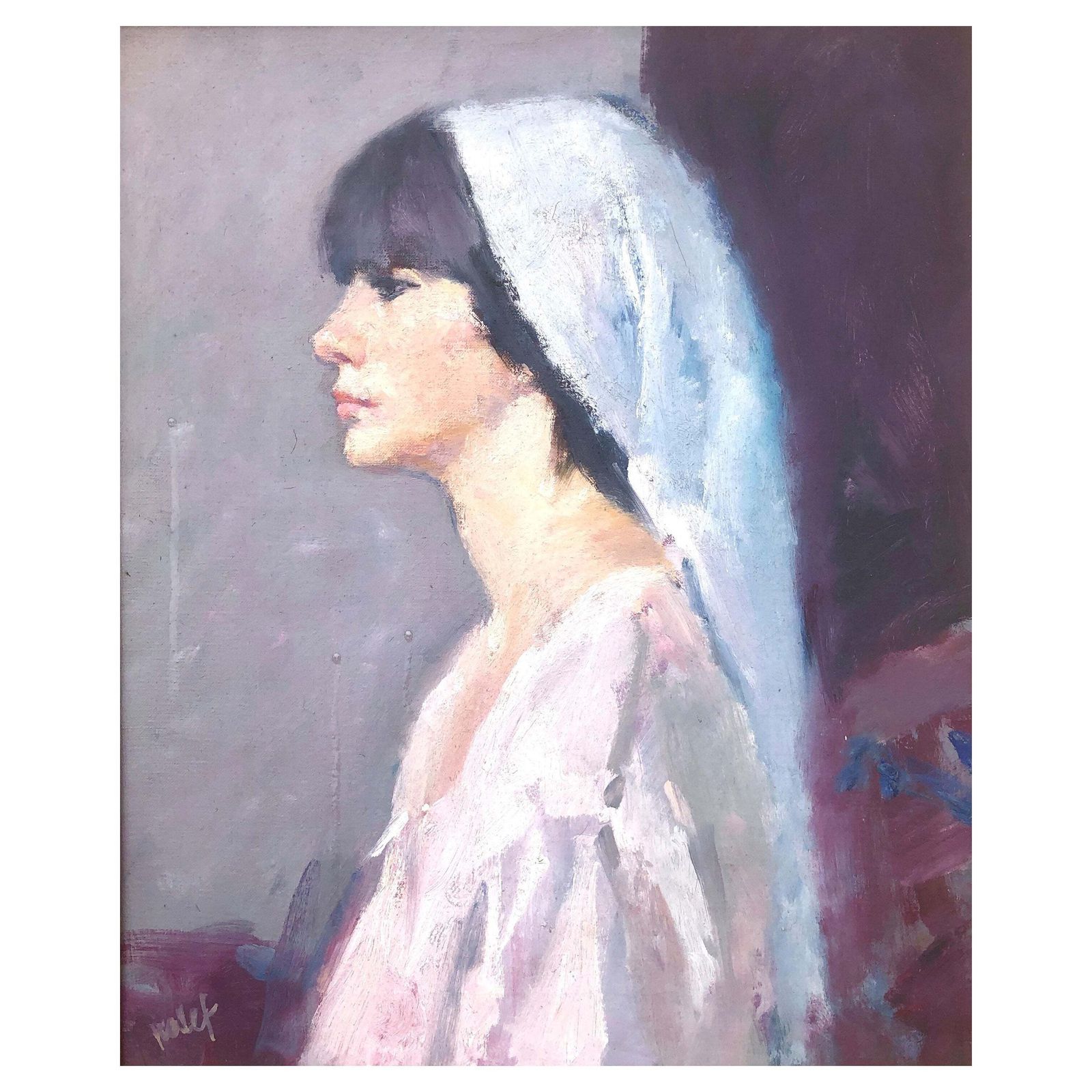 Joan Palet Mediterranean Woman Profile Portrait Oil Painting Spanish Female Figure 1970s