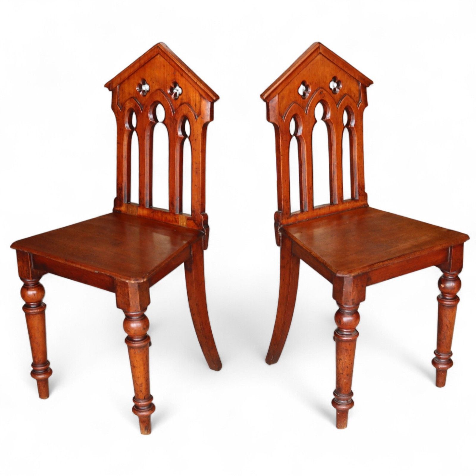 Pair Of Antique Mahogany Pugin Style Carved Gothic Steeple Back Hall Chairs photo furniture