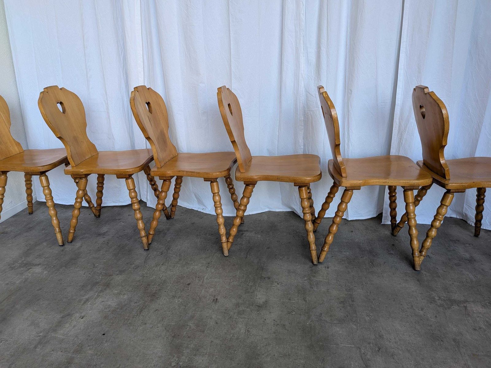 1562.0 Set Of 6 Vintage Tyrolean Heart Cutout Wooden Dining Chairs, Rustic Farmhouse Style photo