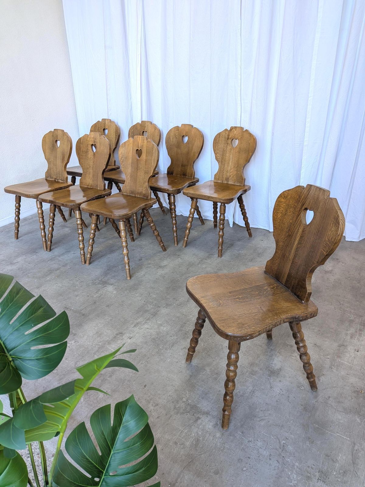 Vintage Tyrolean Heart Cutout Wooden Dining Chairs / Darker Brown Wood (8 In Stock)