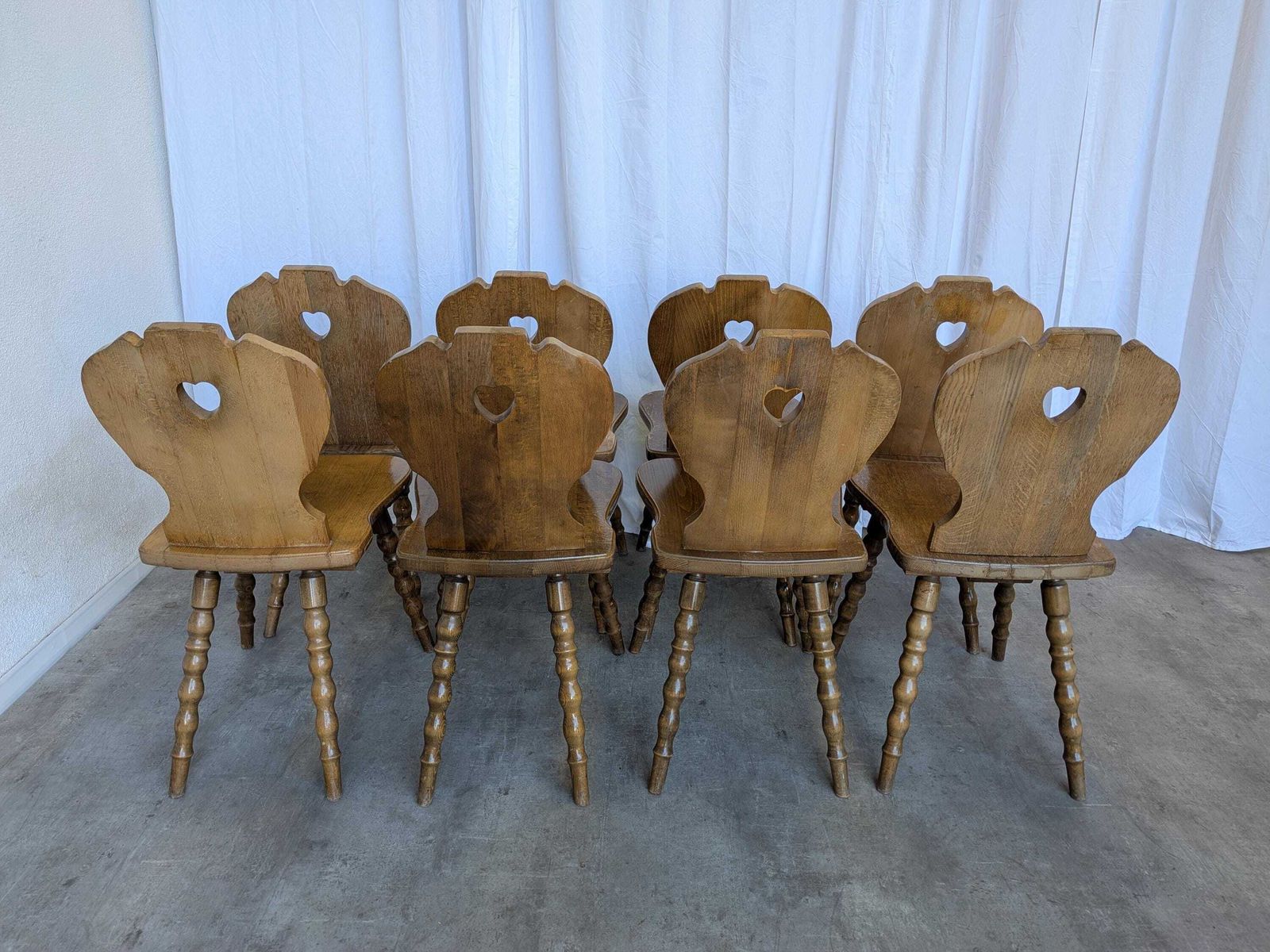 Furniture Vintage Tyrolean Heart Cutout Wooden Dining Chairs / Darker Brown Wood (8 In Stock) photo