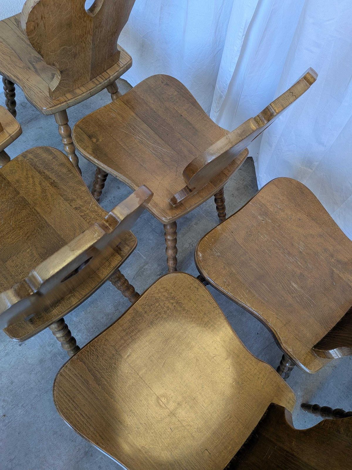 279.0 Vintage Tyrolean Heart Cutout Wooden Dining Chairs / Darker Brown Wood (8 In Stock) photo