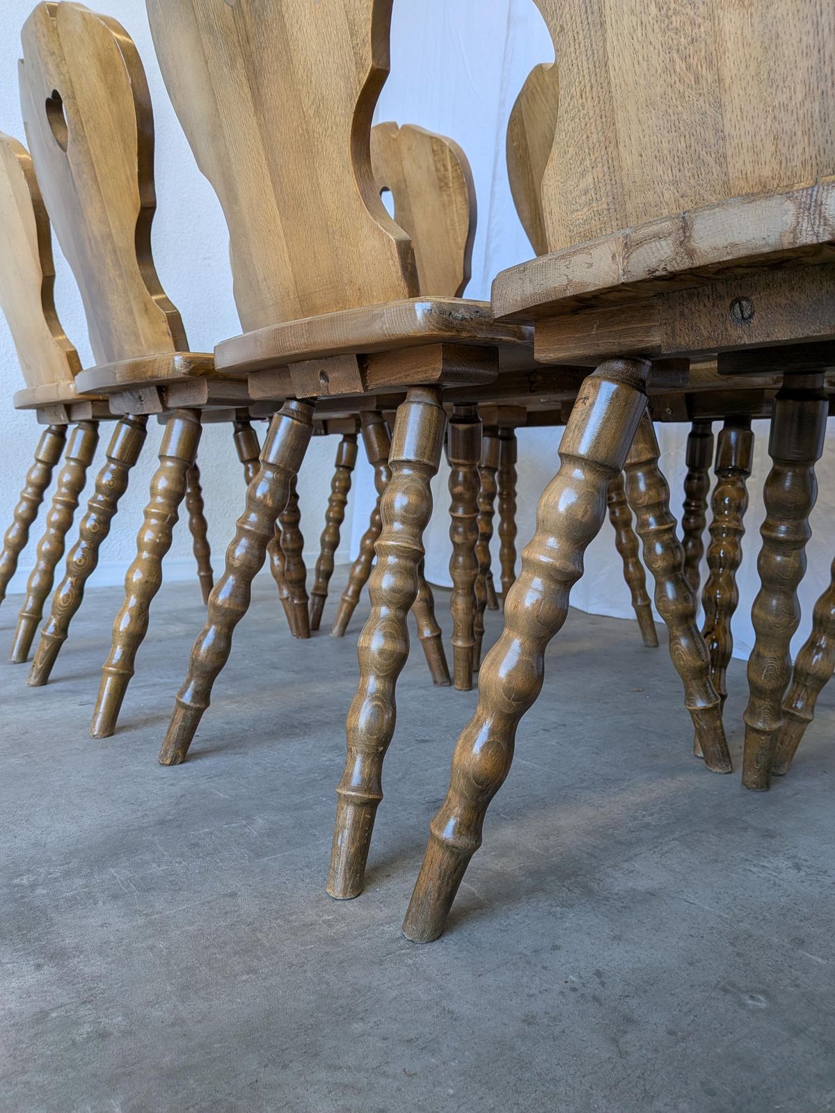 photo vinterior Vintage Tyrolean Heart Cutout Wooden Dining Chairs / Darker Brown Wood (8 In Stock)