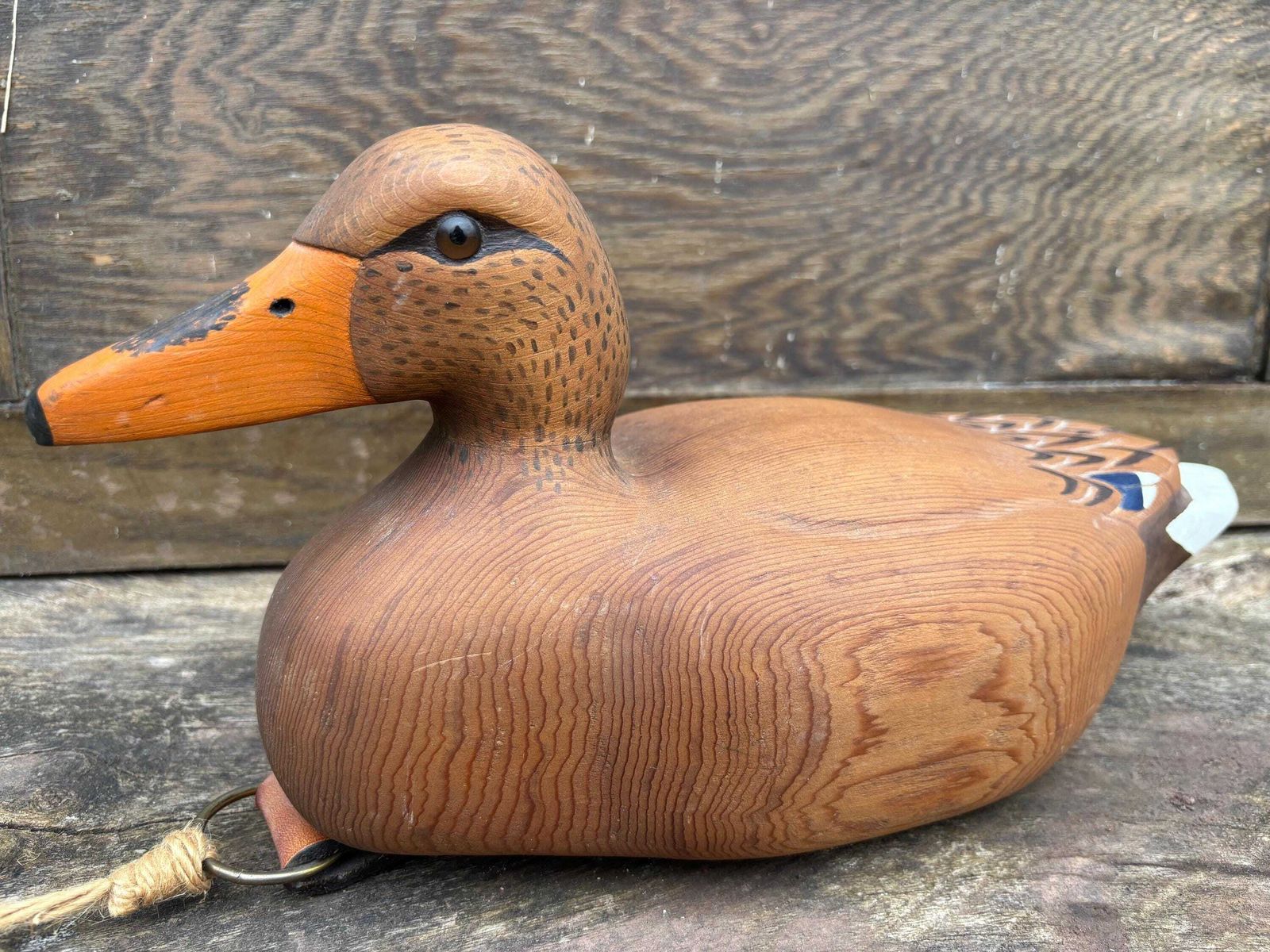 Vintage " Den Bannister Wooden Hand Painted Decoy Duck With Glass Eyes Mallard Duck