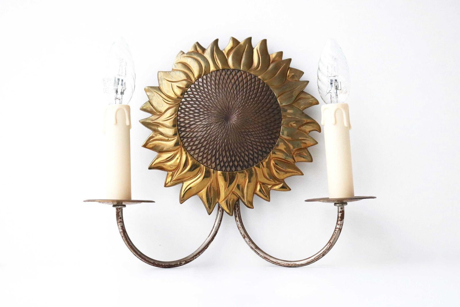 Maison Charles Sunflower Sconce, Marked Charles & Fils France, 1960s Brass Bronze Light