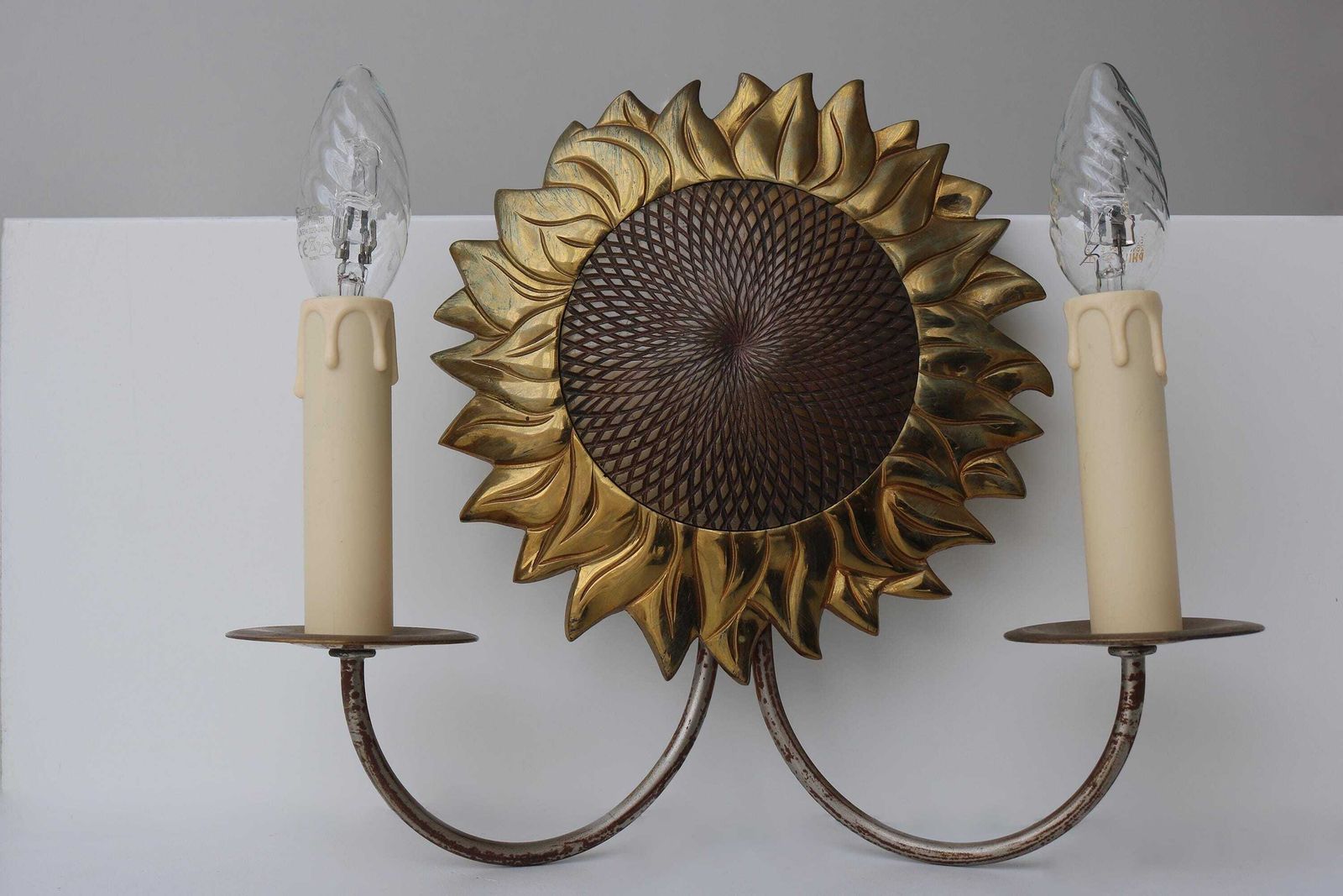 Maison Charles Sunflower Sconce, Marked Charles & Fils France, 1960s Brass Bronze Light photo for sale