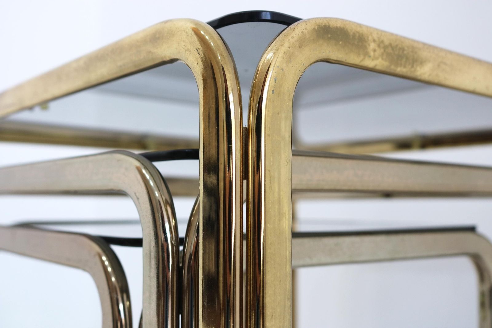 photo for sale Vintage Mid Century Modern Smoked Glass Nesting Tables – Gold Brass Set Of 3 – Versatile Coffee & Side Tables – Retro Italian Design